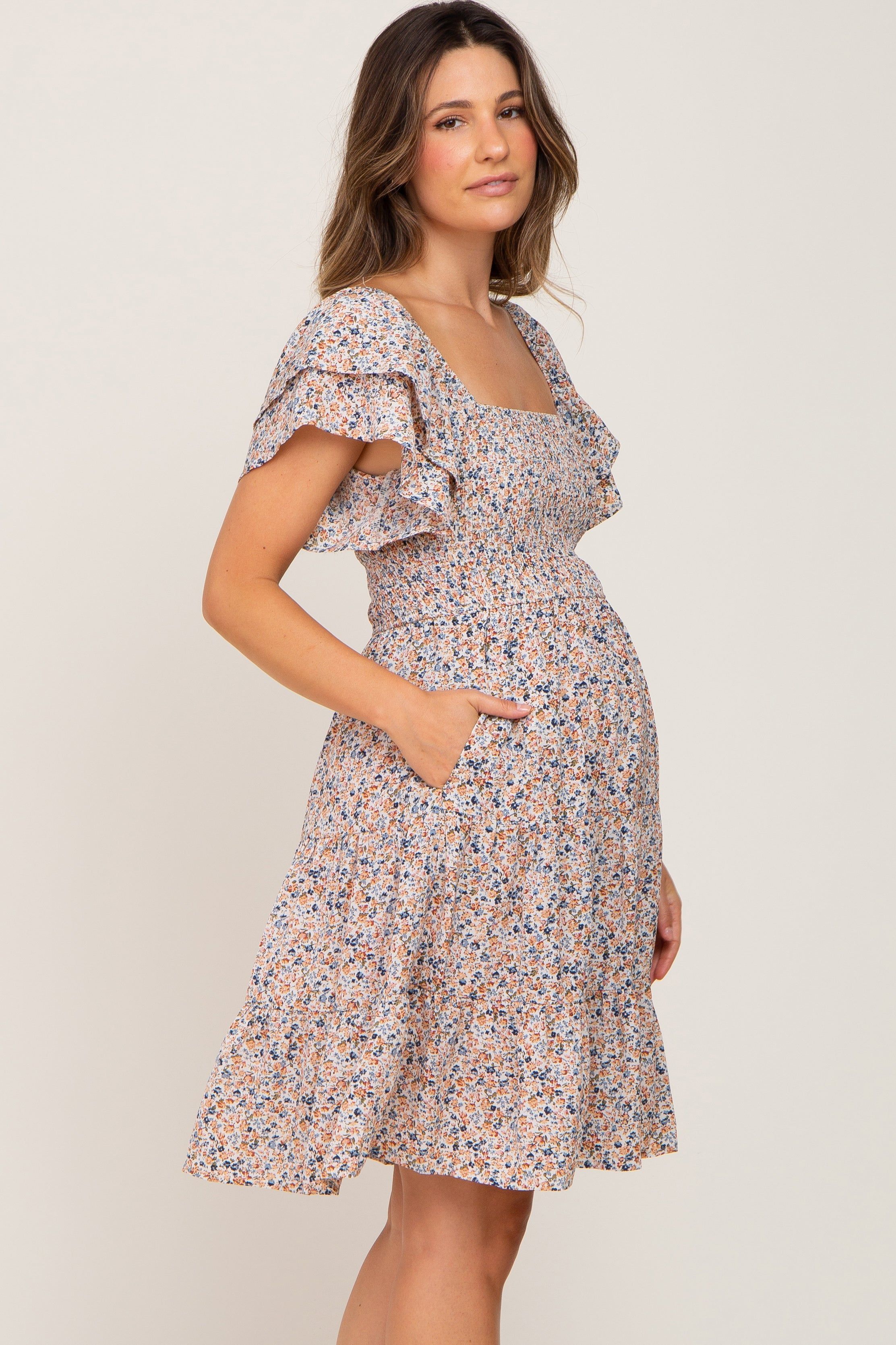 Cream Floral Smocked Tiered Maternity Dress sold by Pinkblush product image thumbnail 2