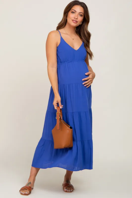 Royal Blue Sleeveless Tiered Maternity Midi Dress sold by Pinkblush