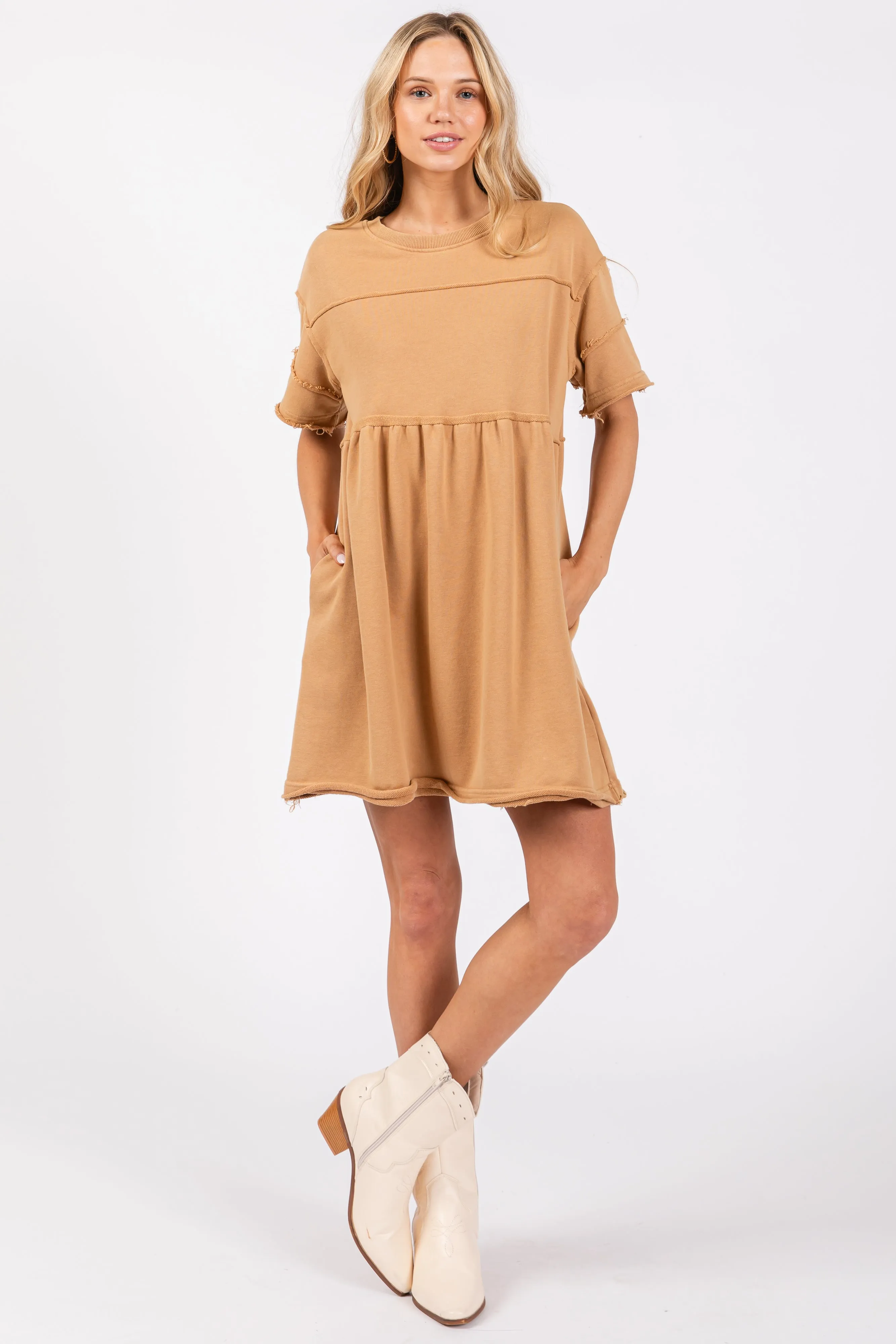 Camel Raw Hem Short Sleeve Dress sold by Pinkblush product image thumbnail 4