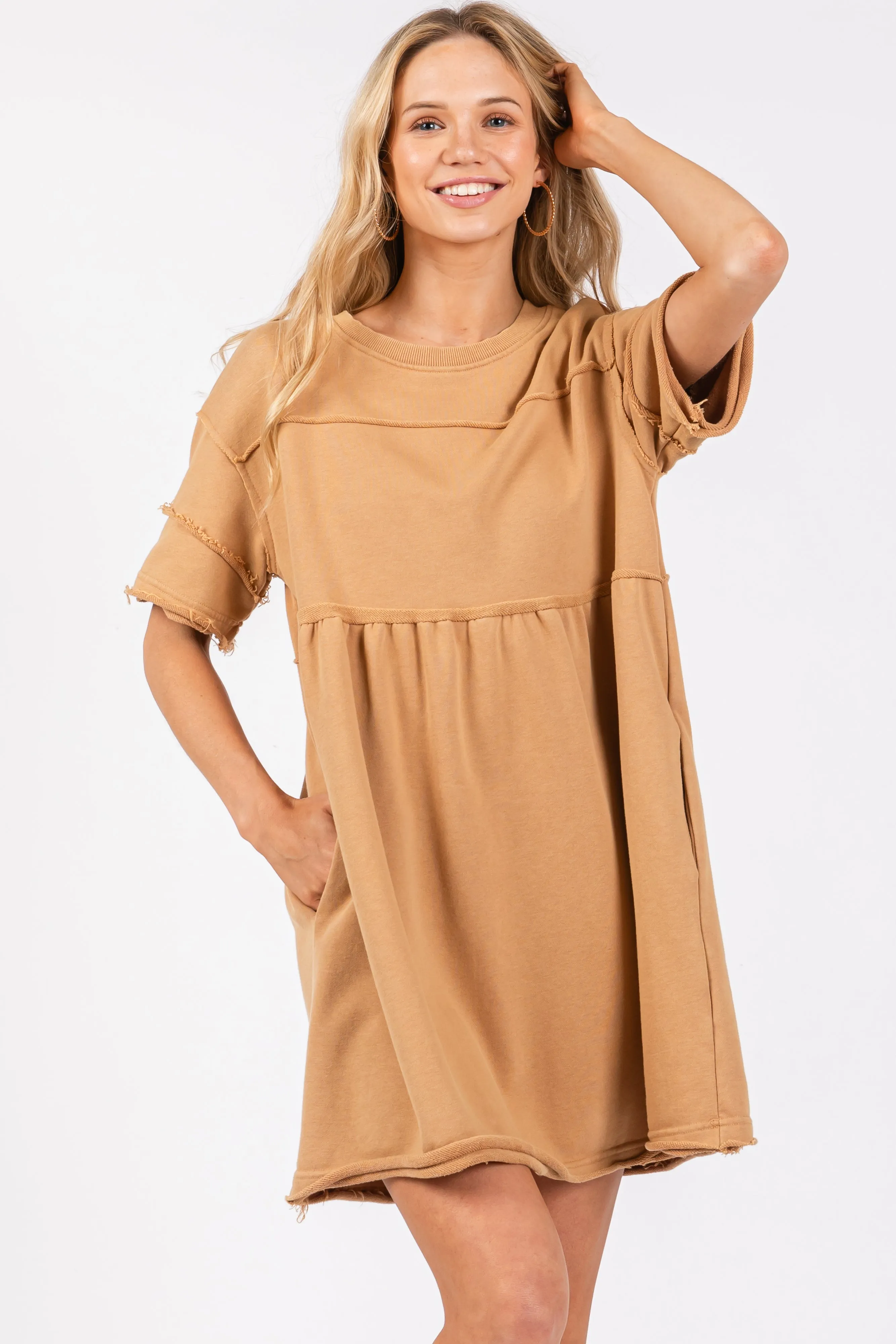 Camel Raw Hem Short Sleeve Dress sold by Pinkblush