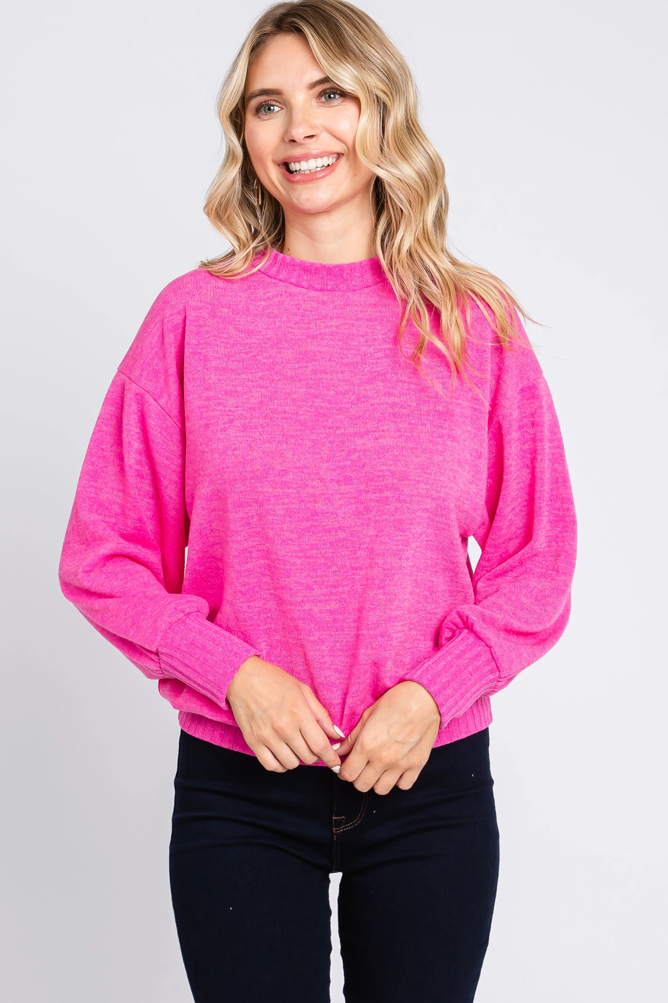 Fuchsia Balloon Sleeve Ribbed Hem Sweater sold by Pinkblush