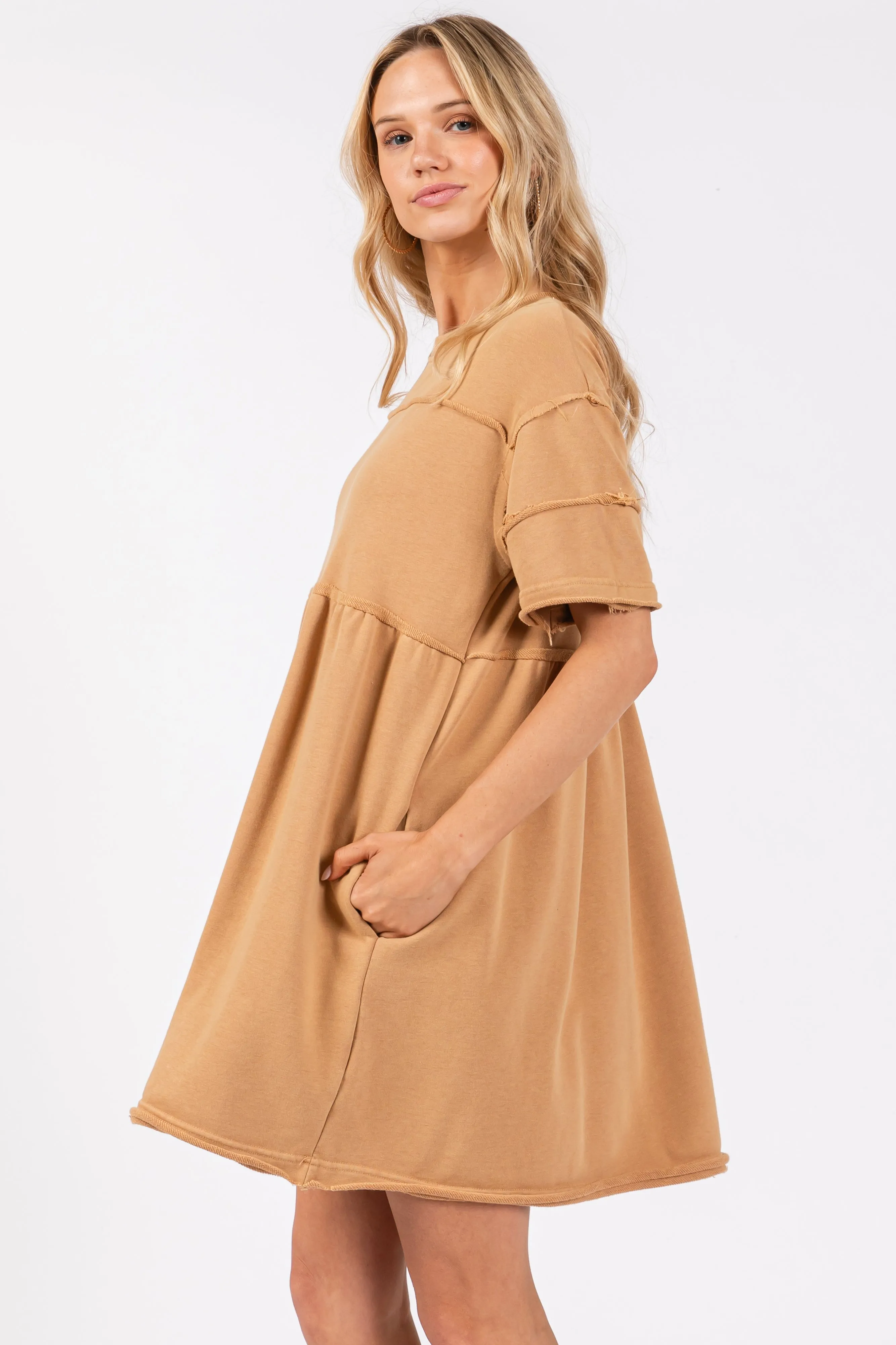 Camel Raw Hem Short Sleeve Dress sold by Pinkblush product image thumbnail 2
