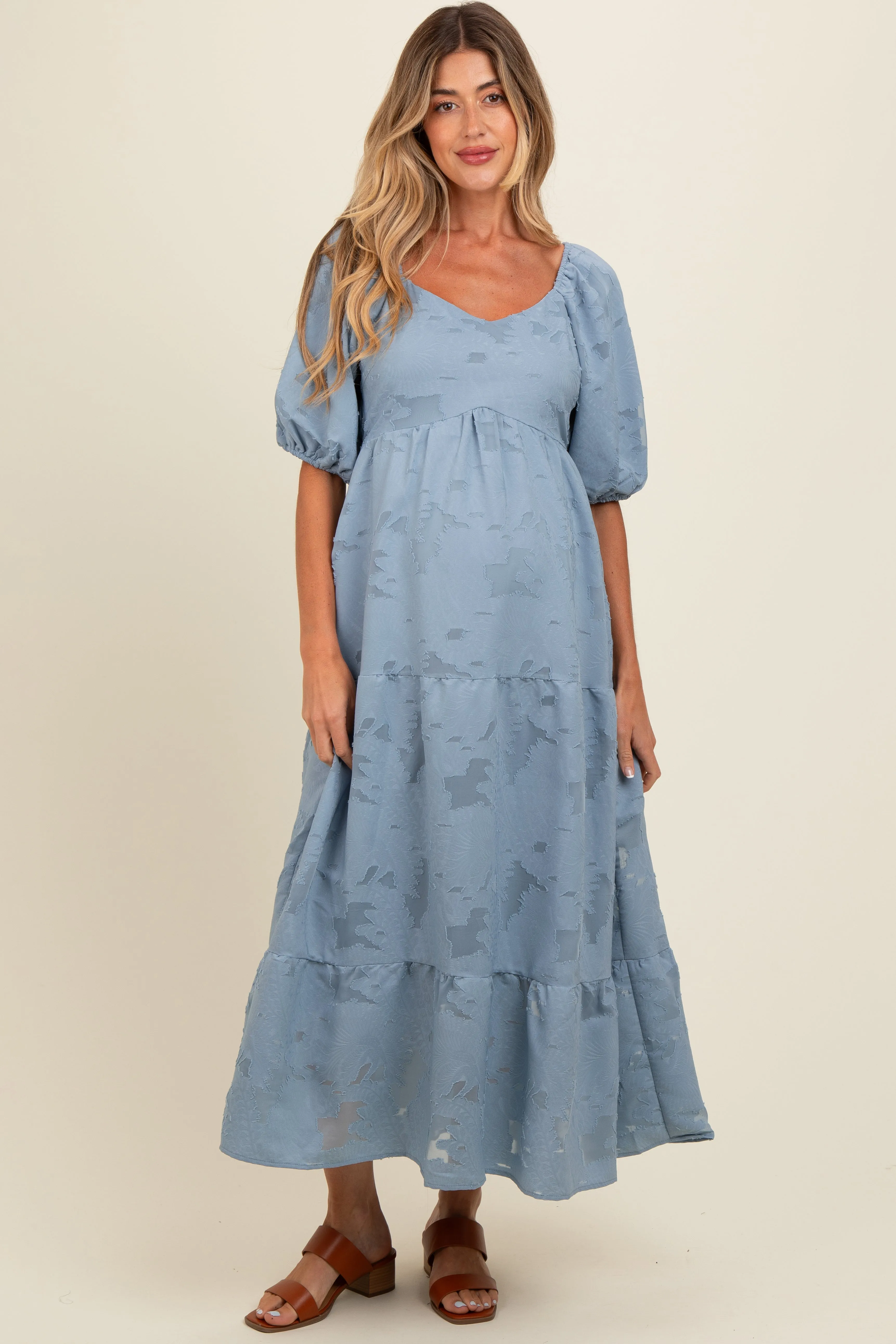 Blue Floral Textured Tiered Midi Maternity Dress sold by Pinkblush