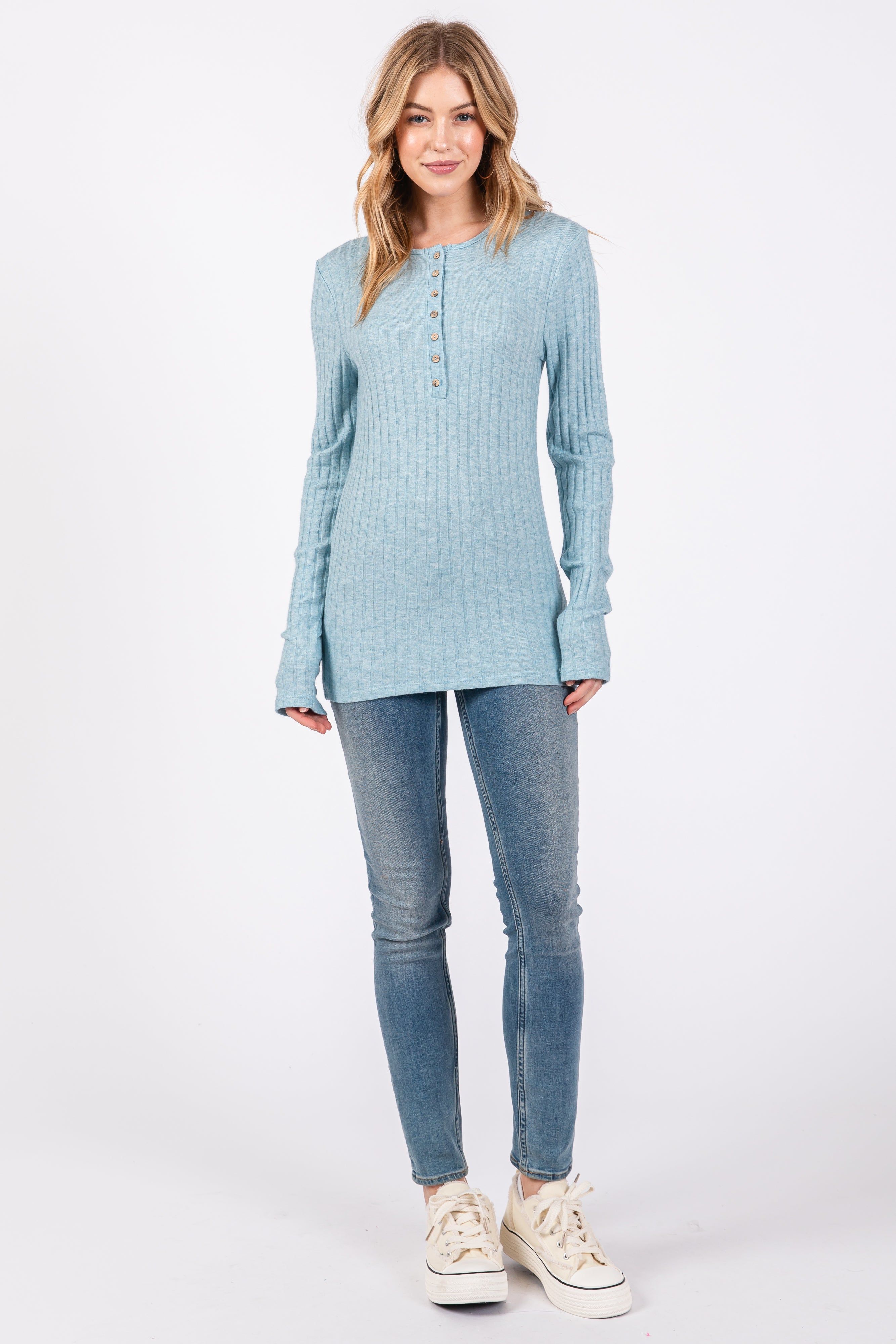 Light Teal Ribbed Knit Button Long Sleeve Top sold by Pinkblush product image thumbnail 4