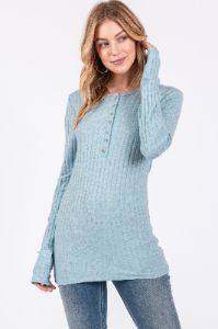Light Teal Ribbed Knit Button Long Sleeve Top sold by Pinkblush