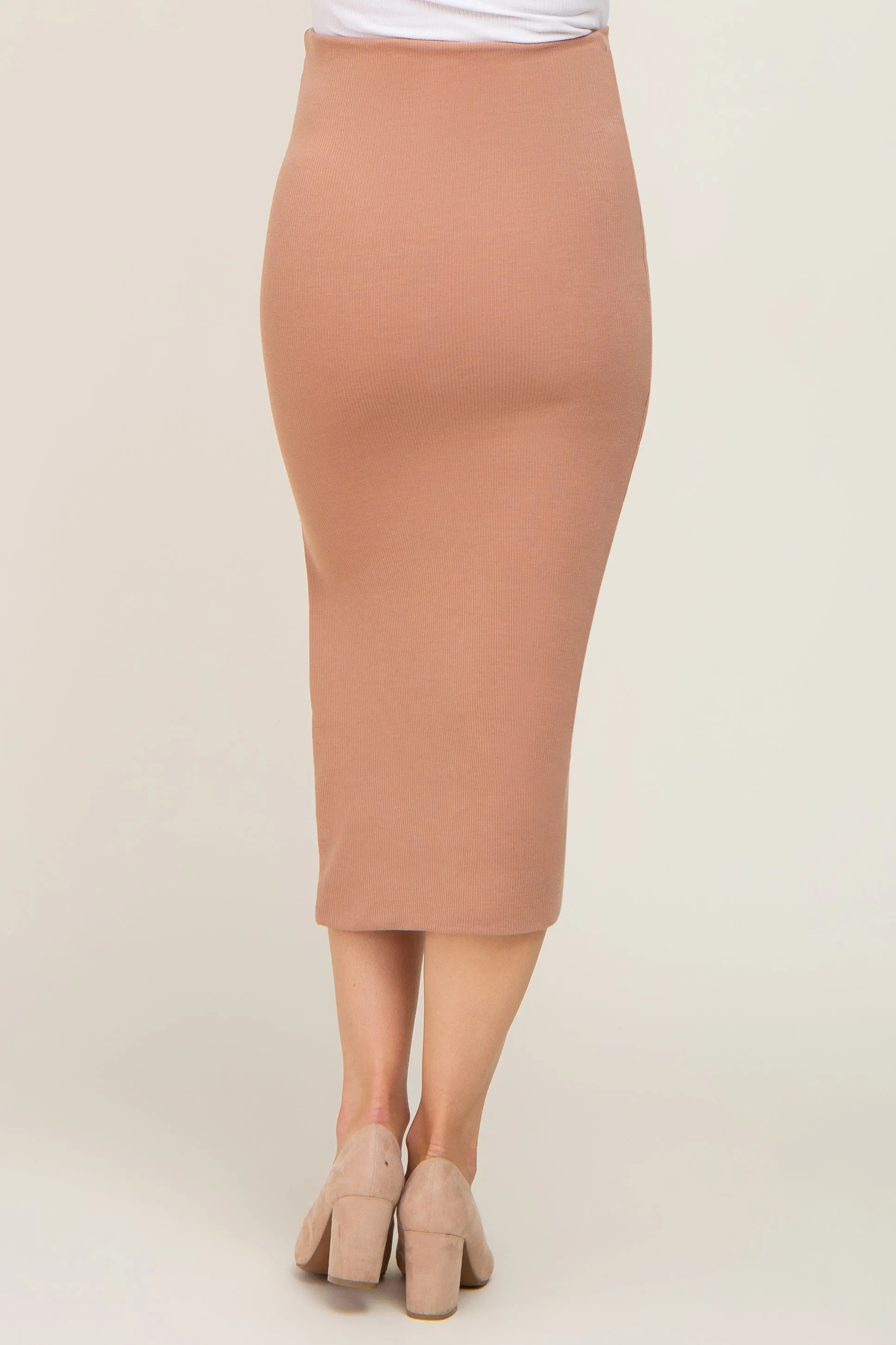 Mocha Ribbed Side Slit Maternity Midi Skirt sold by Pinkblush product image thumbnail 4