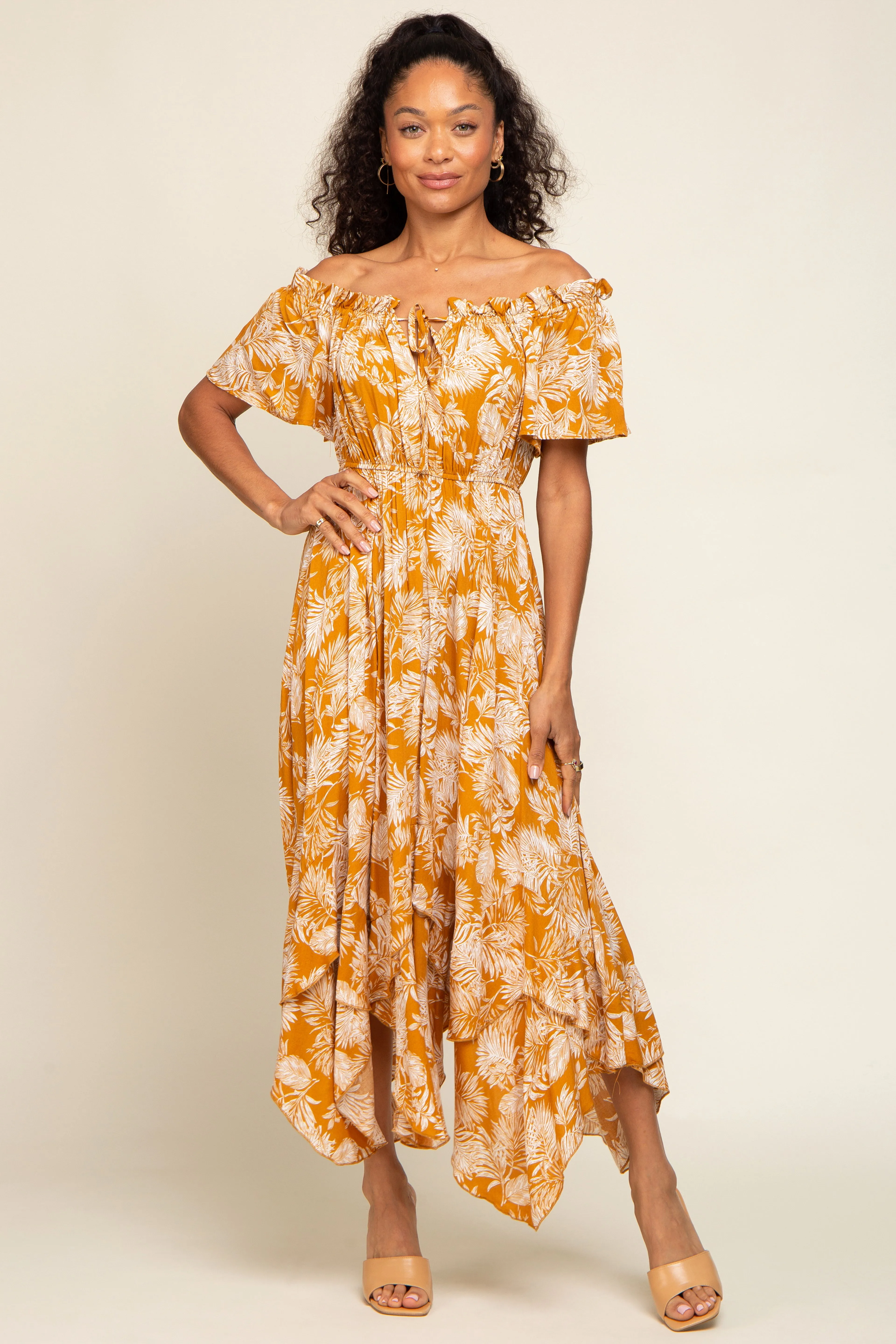Camel Leaf Print Off Shoulder Handkerchief Midi Dress sold by Pinkblush