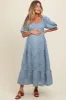 Blue Floral Textured Tiered Midi Maternity Dress sold by Pinkblush
