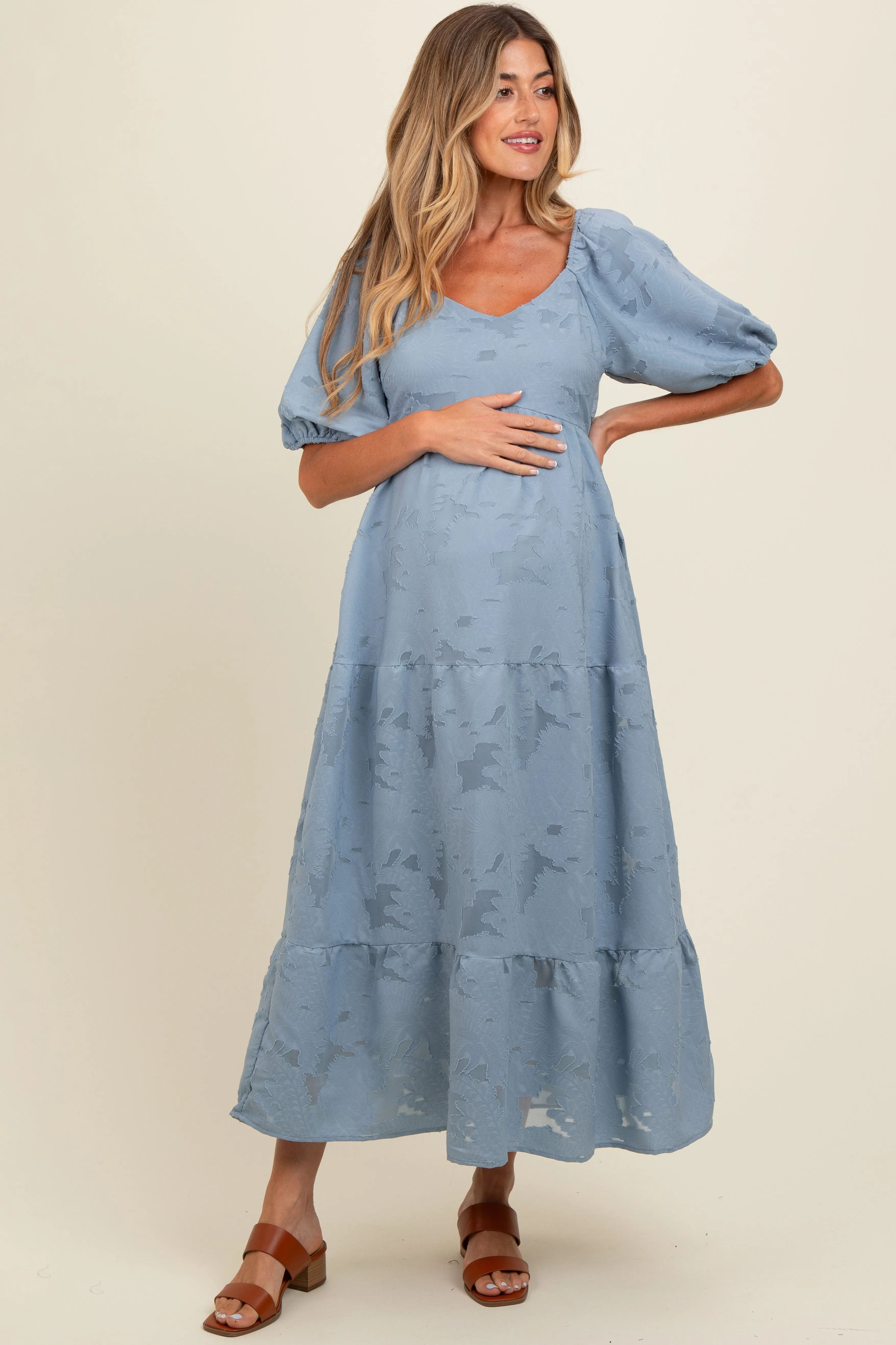 Blue Floral Textured Tiered Midi Maternity Dress sold by Pinkblush product image thumbnail 2