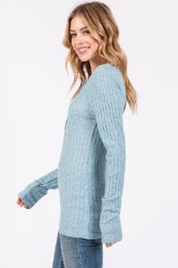 Light Teal Ribbed Knit Button Long Sleeve Top sold by Pinkblush