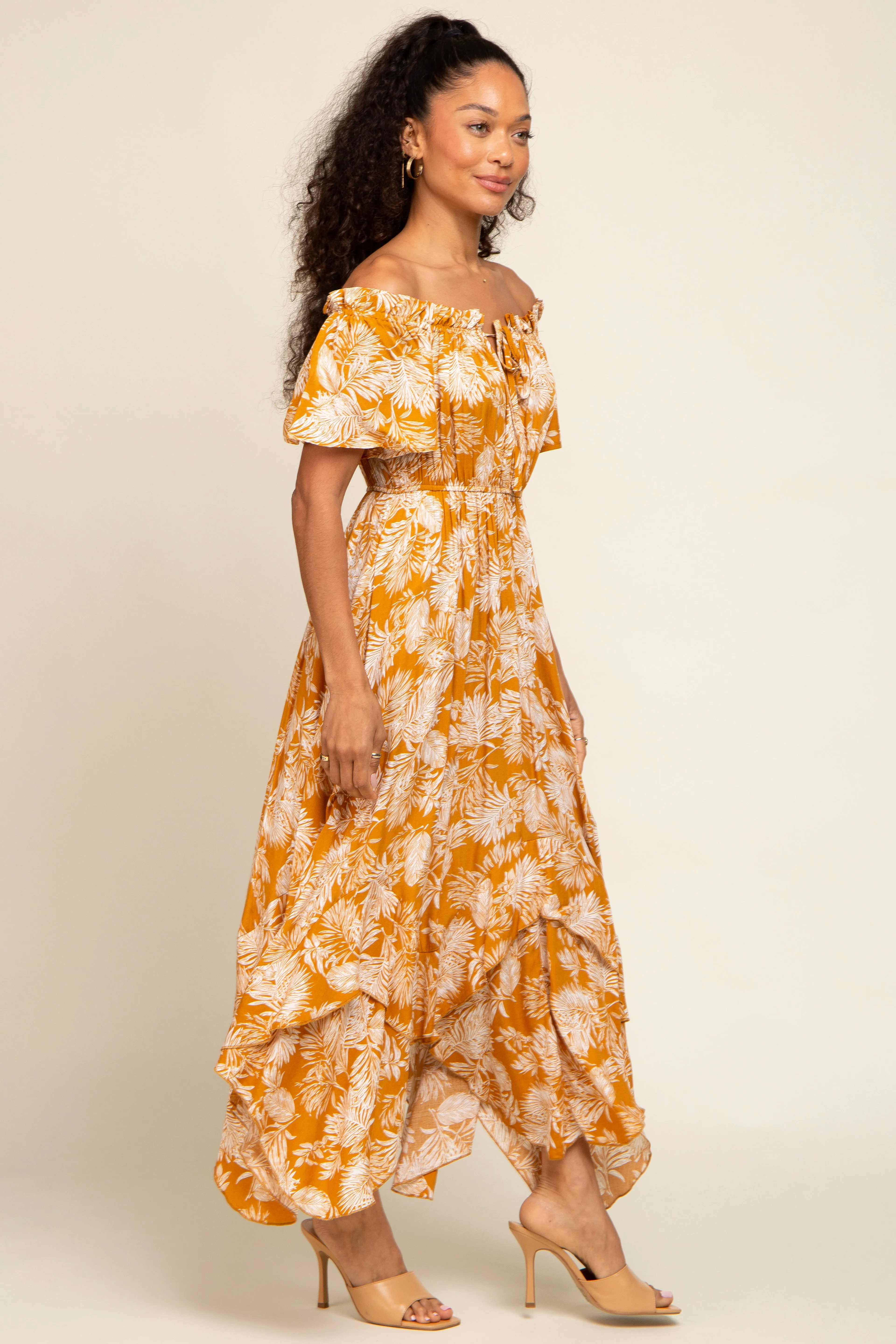 Camel Leaf Print Off Shoulder Handkerchief Midi Dress sold by Pinkblush product image thumbnail 2