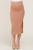 Mocha Ribbed Side Slit Maternity Midi Skirt sold by Pinkblush