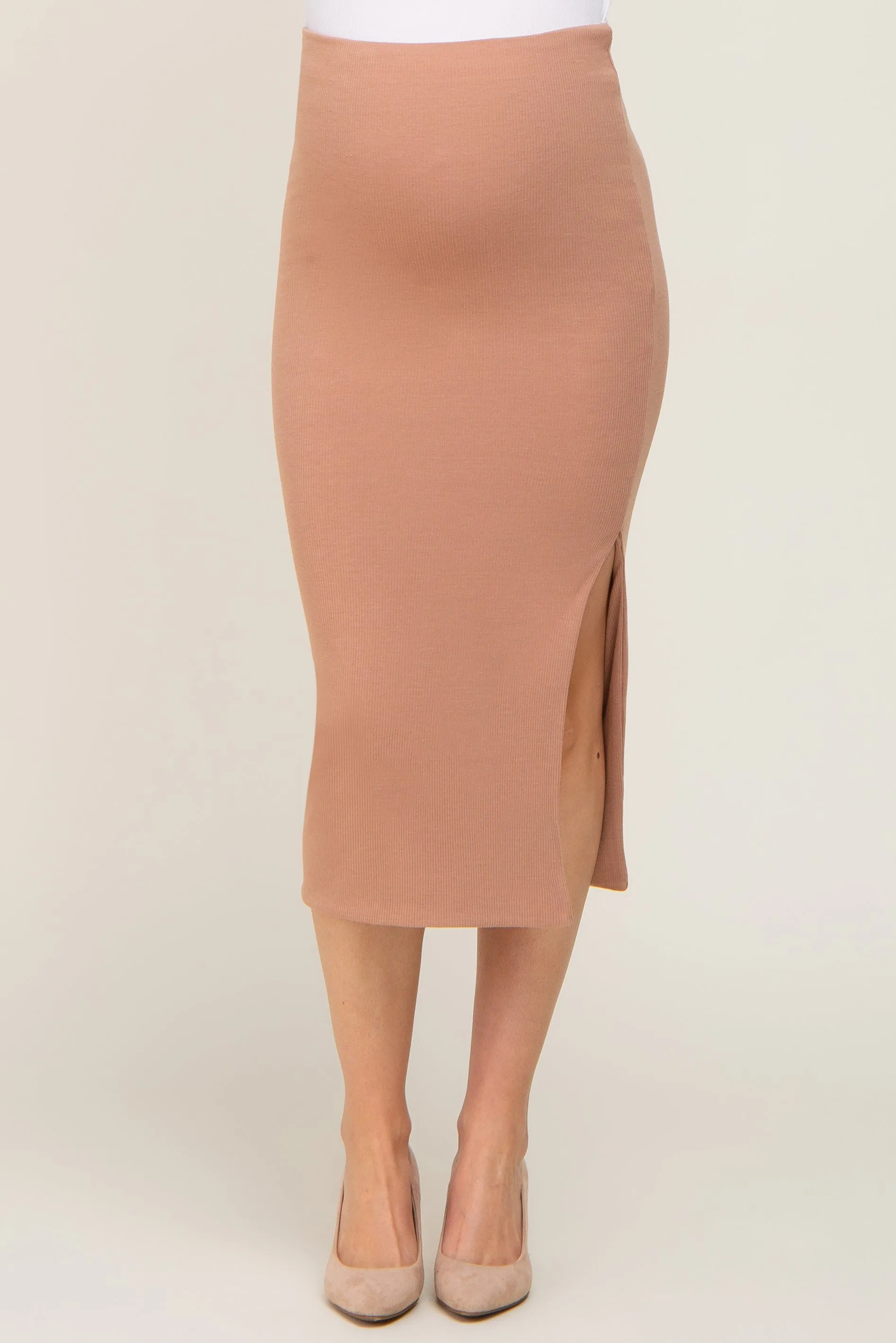 Mocha Ribbed Side Slit Maternity Midi Skirt sold by Pinkblush product image thumbnail 2