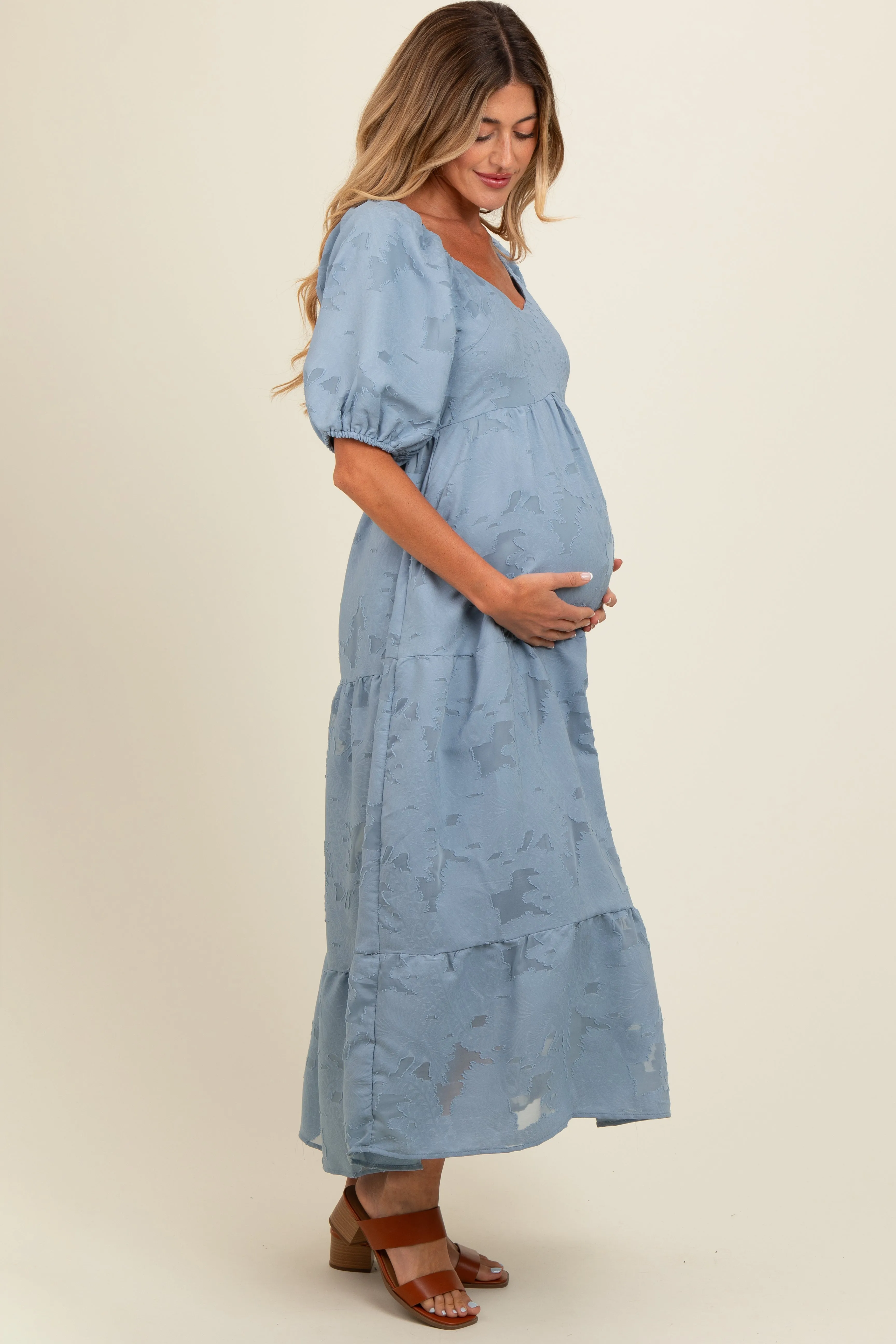 Blue Floral Textured Tiered Midi Maternity Dress sold by Pinkblush product image thumbnail 3