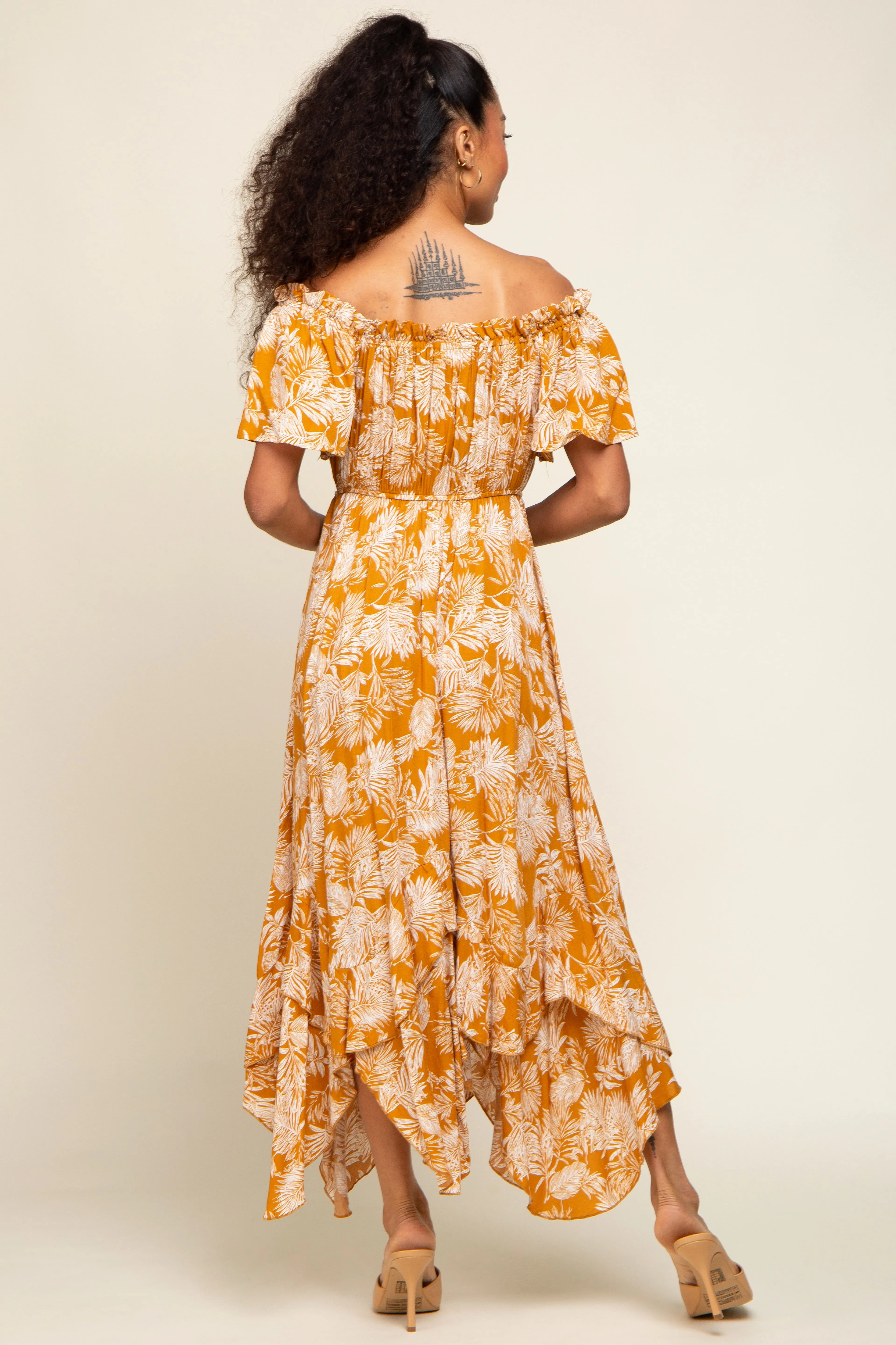 Camel Leaf Print Off Shoulder Handkerchief Midi Dress sold by Pinkblush product image thumbnail 3