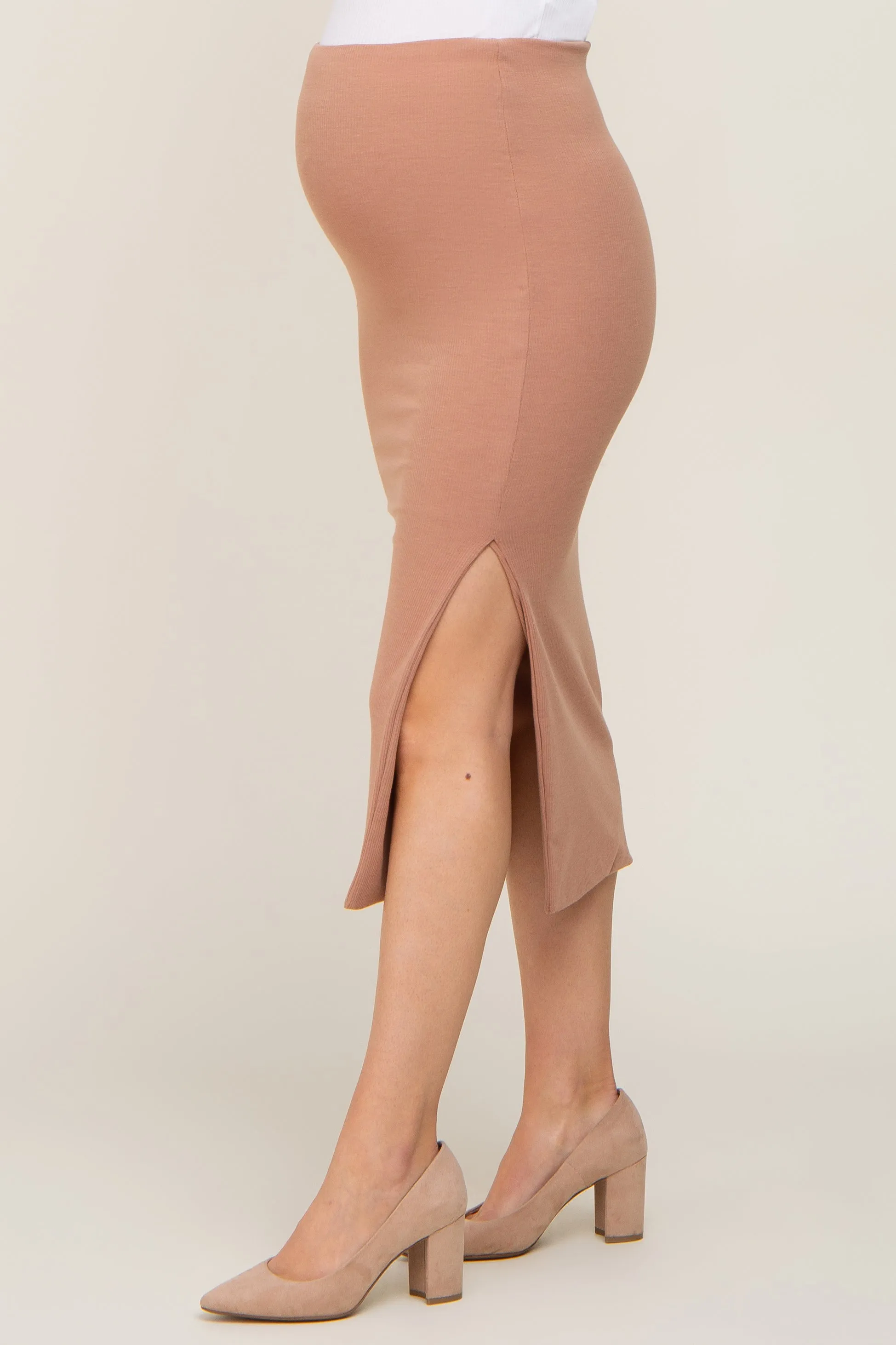 Mocha Ribbed Side Slit Maternity Midi Skirt sold by Pinkblush product image thumbnail 3