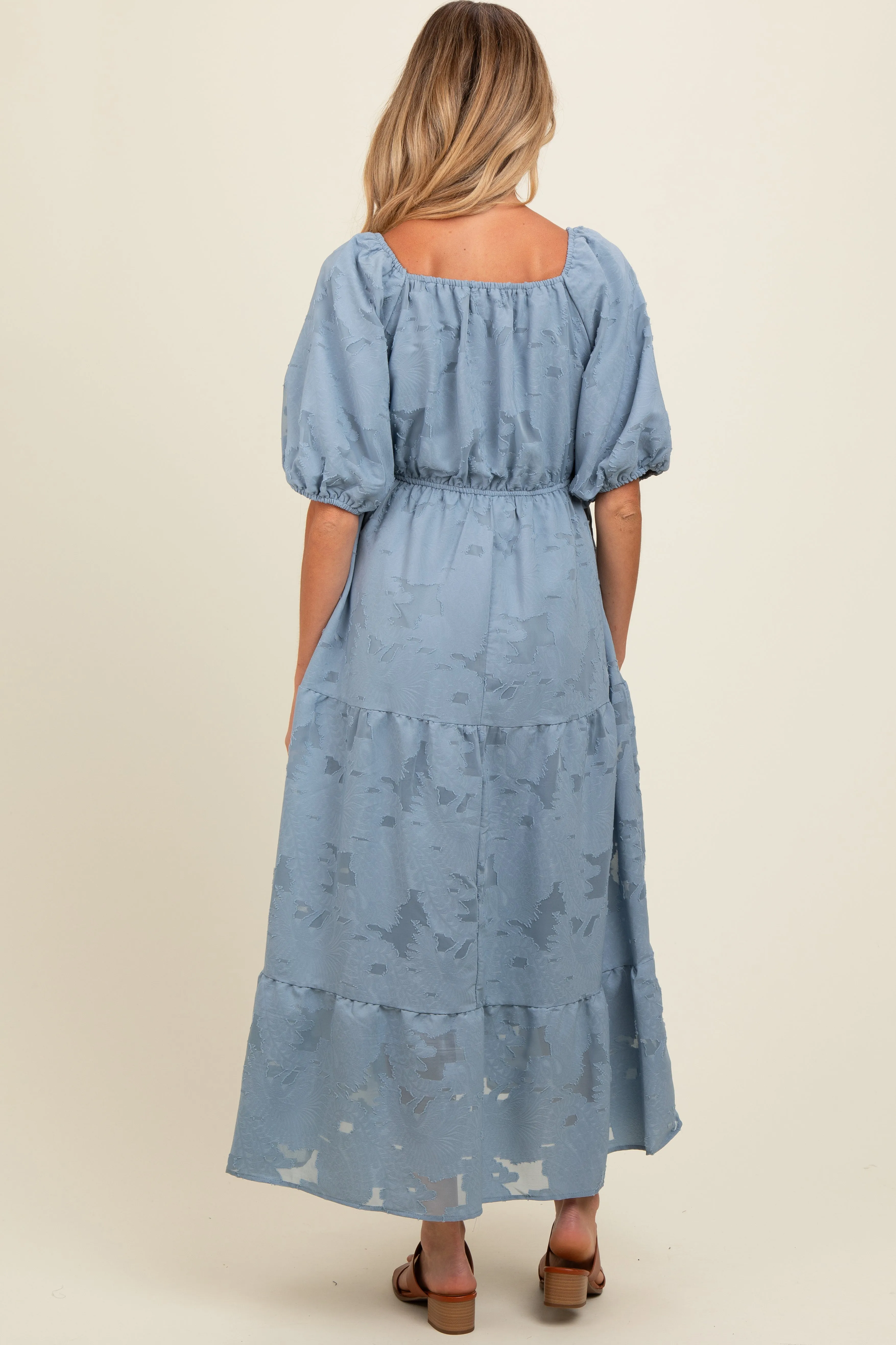 Blue Floral Textured Tiered Midi Maternity Dress sold by Pinkblush product image thumbnail 4