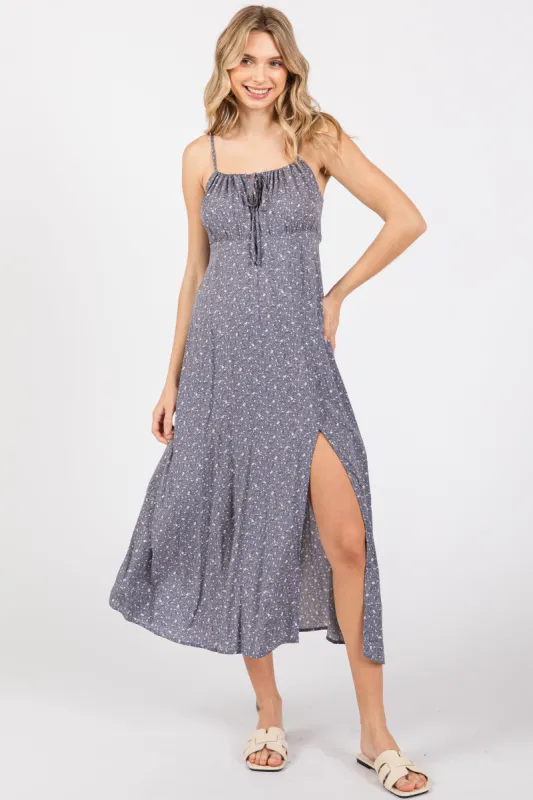 Blue Ditsy Floral Side Slit Midi Dress sold by Pinkblush