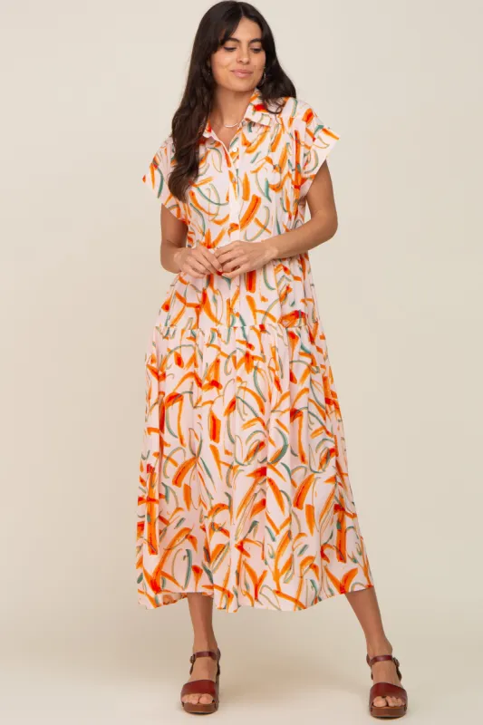 Peach Printed Button Down Collared Tiered Midi Dress sold by Pinkblush