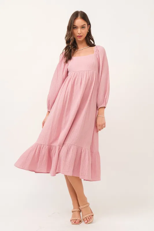Pink Gauze Square Neck Long Sleeve Midi Dress sold by Pinkblush