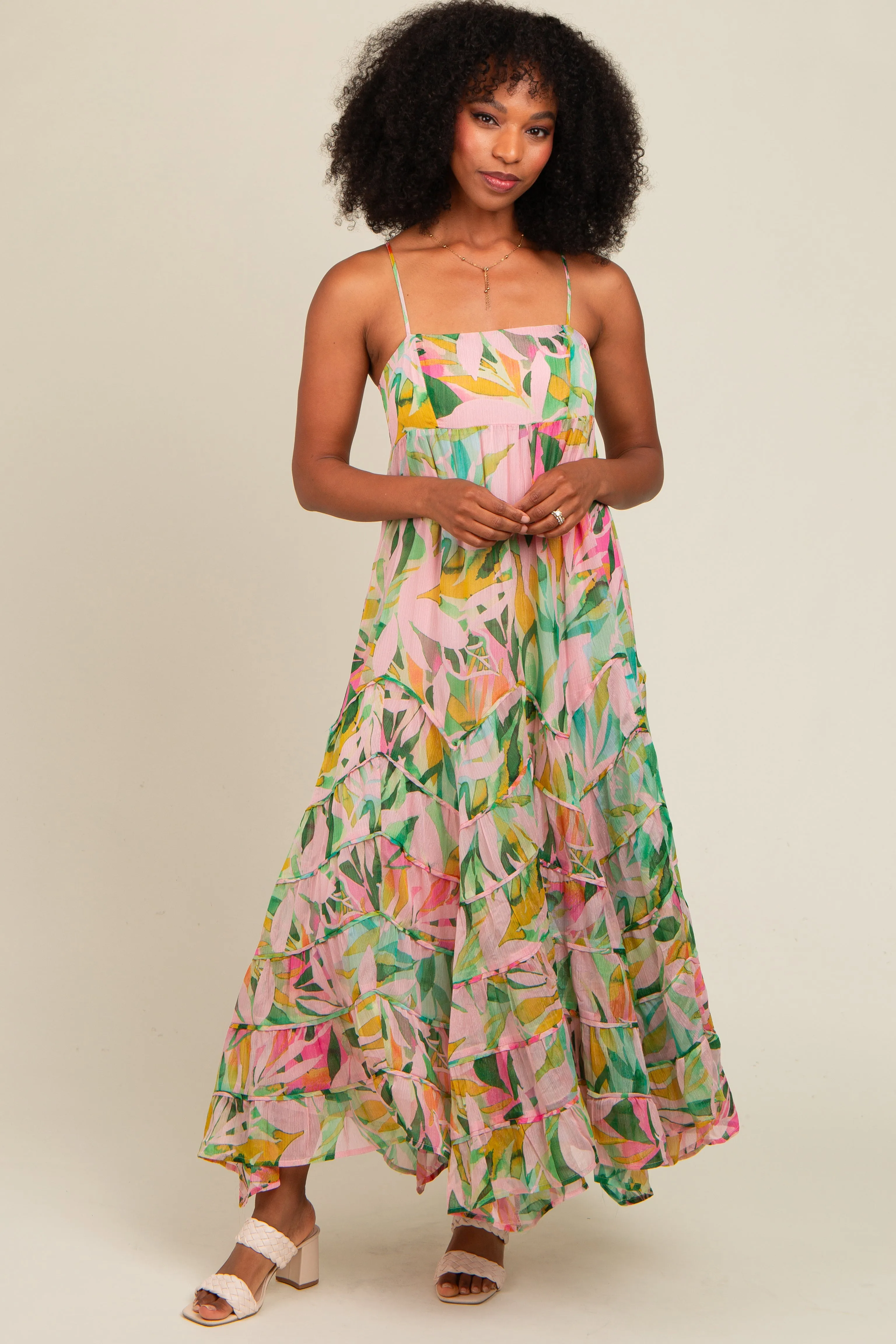 Pink Floral Tiered Ruffle Hem Maxi Dress sold by Pinkblush