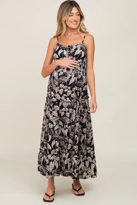 Black Palm Print Drawstring Front Tiered Maternity Maxi Dress sold by Pinkblush