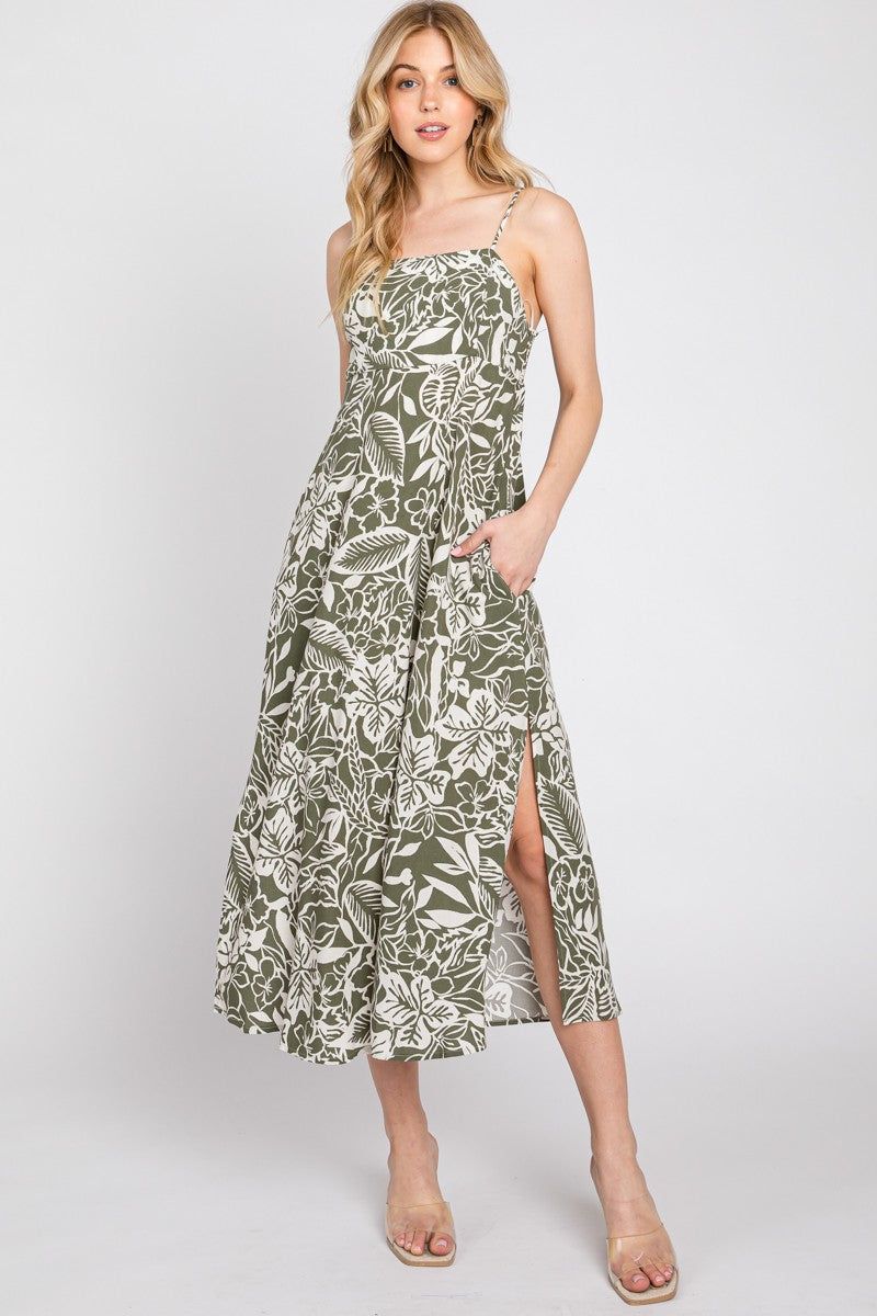 Olive Floral Side Slit Midi Dress sold by Pinkblush