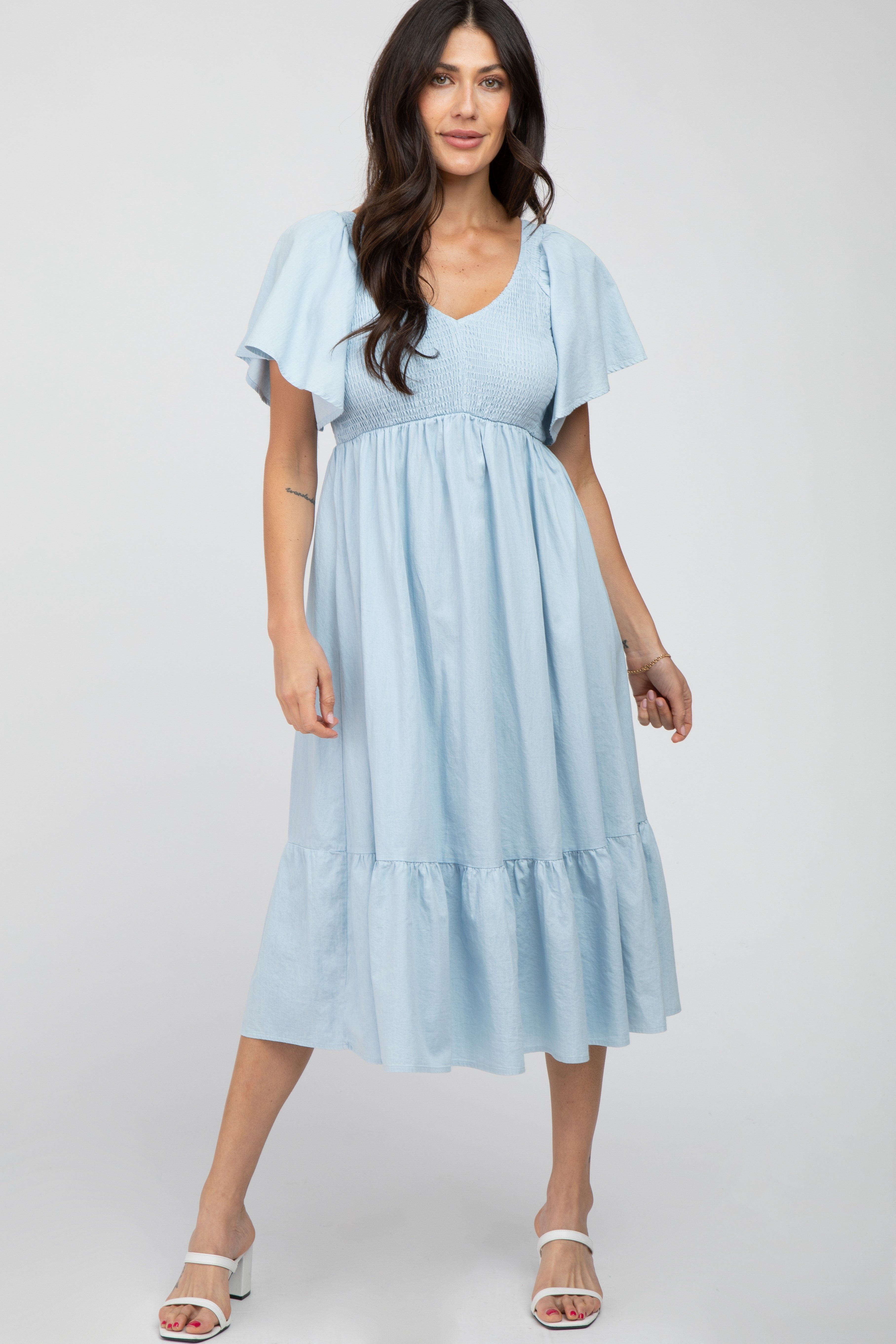 Light Blue Smocked Ruffle Hem Midi Dress sold by Pinkblush