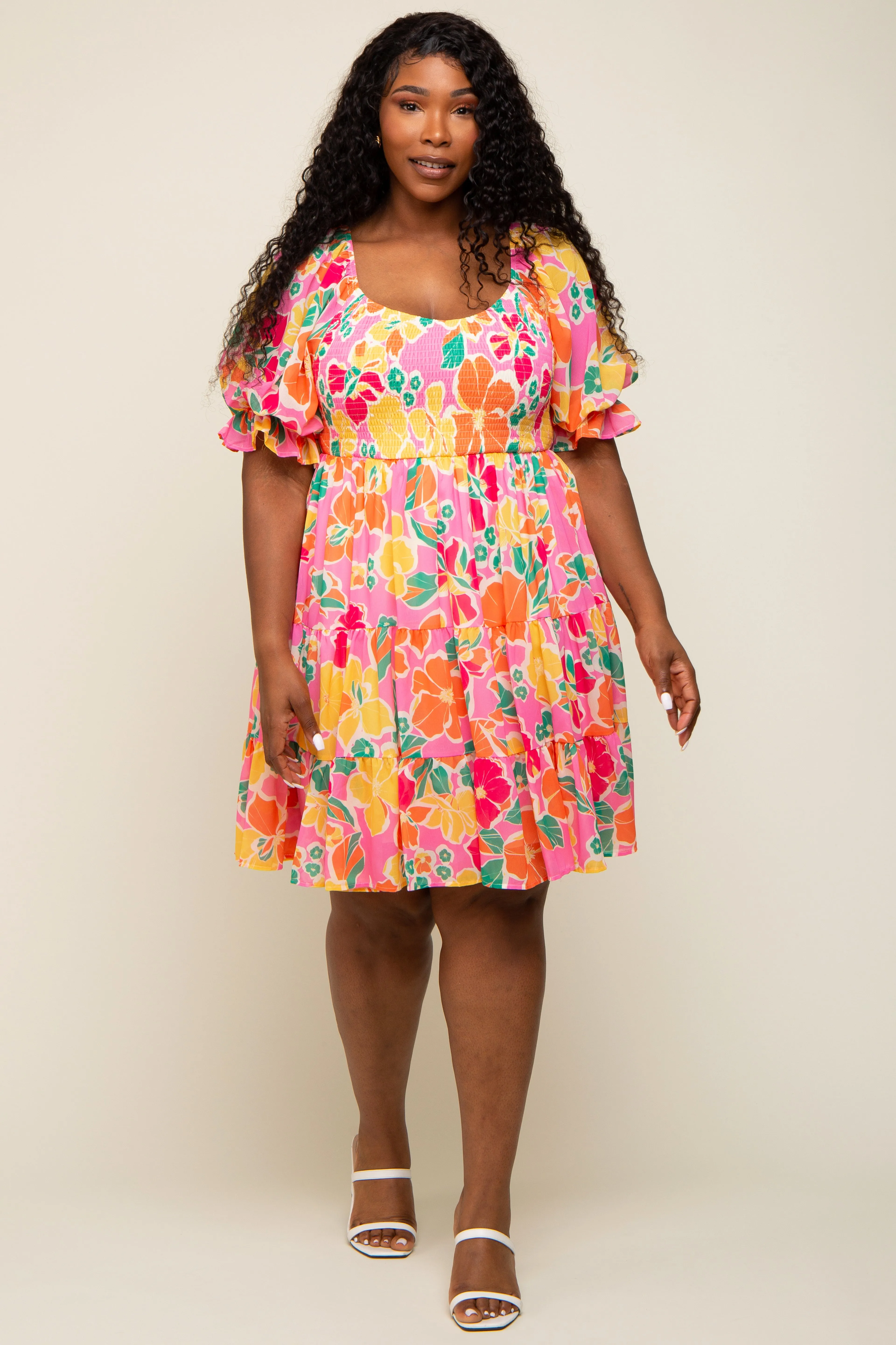 Pink Floral Puff Sleeve Plus Dress sold by Pinkblush product image thumbnail 4