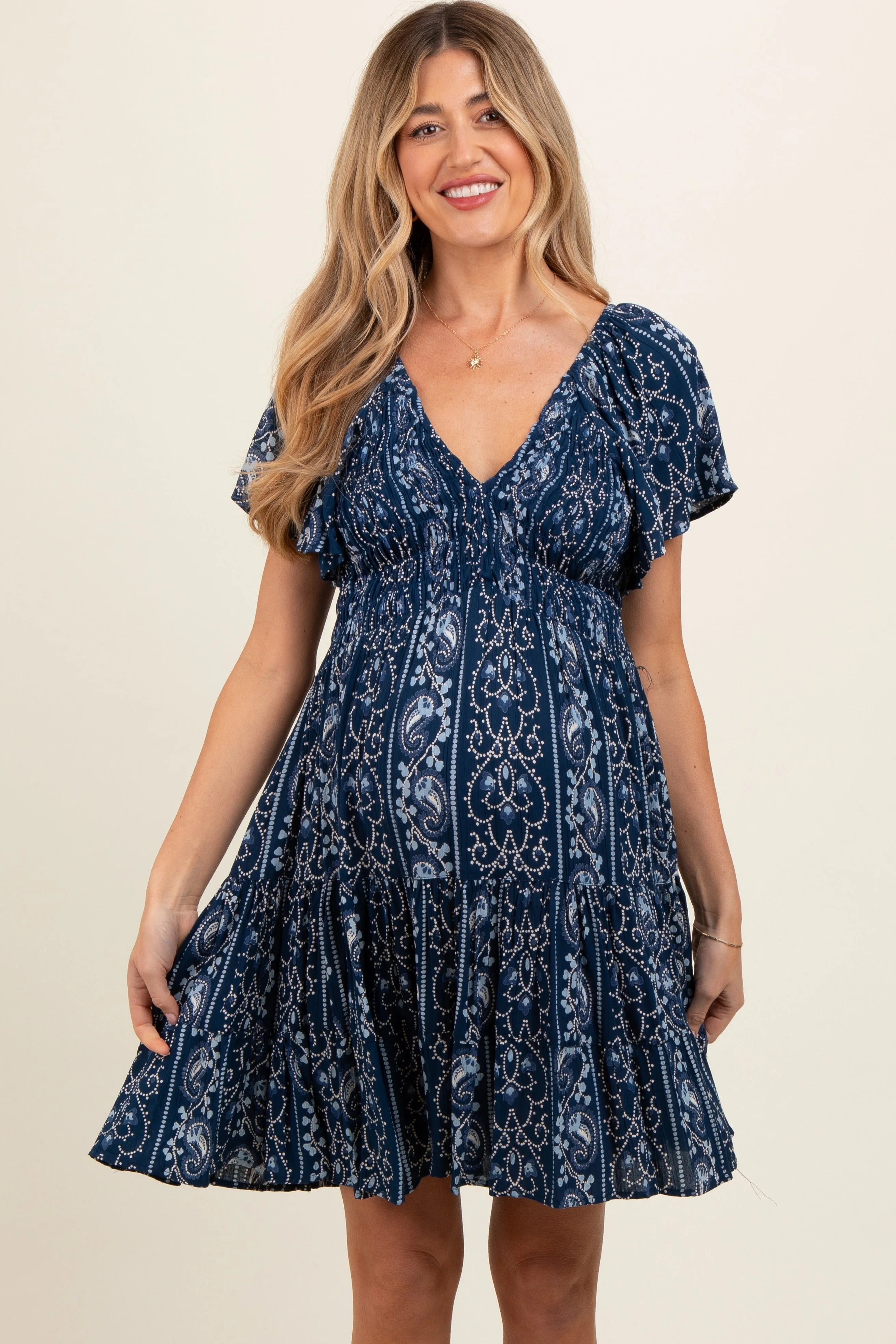 Navy Blue Patterned Smocked Front Maternity Dress sold by Pinkblush