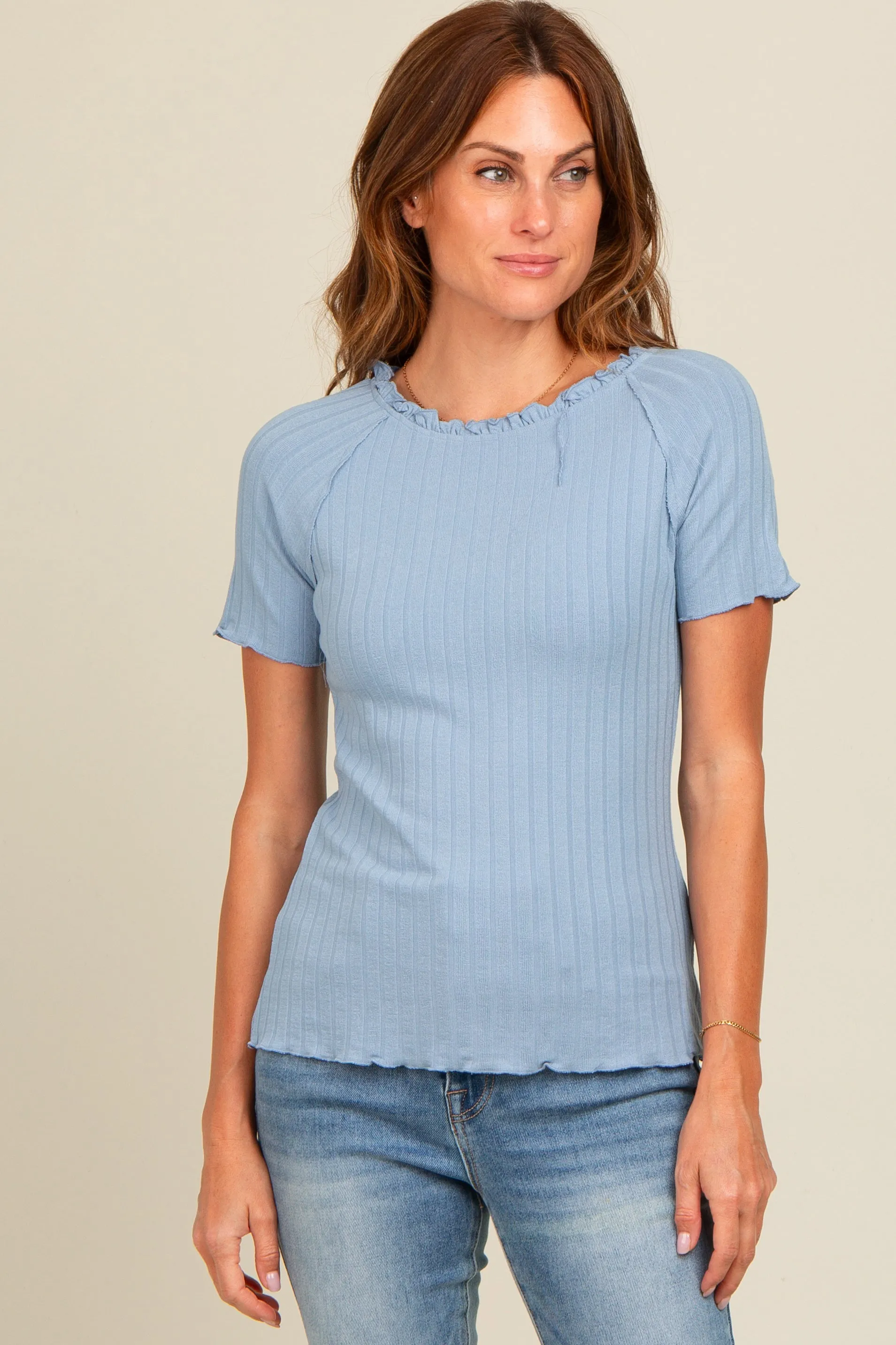 Blue Ruffle Trim Ribbed Top sold by Pinkblush product image thumbnail 2