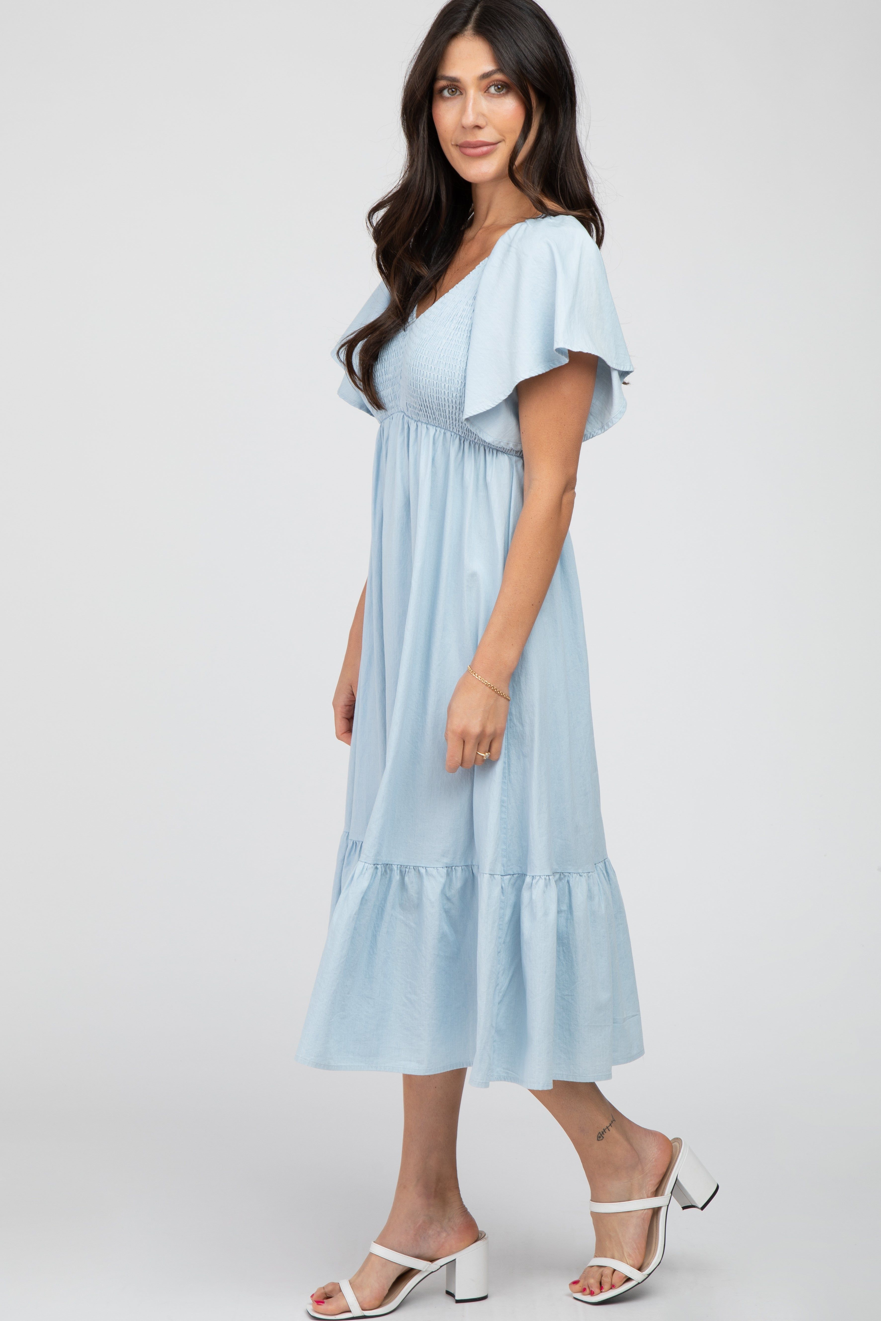 Light Blue Smocked Ruffle Hem Midi Dress sold by Pinkblush product image thumbnail 2
