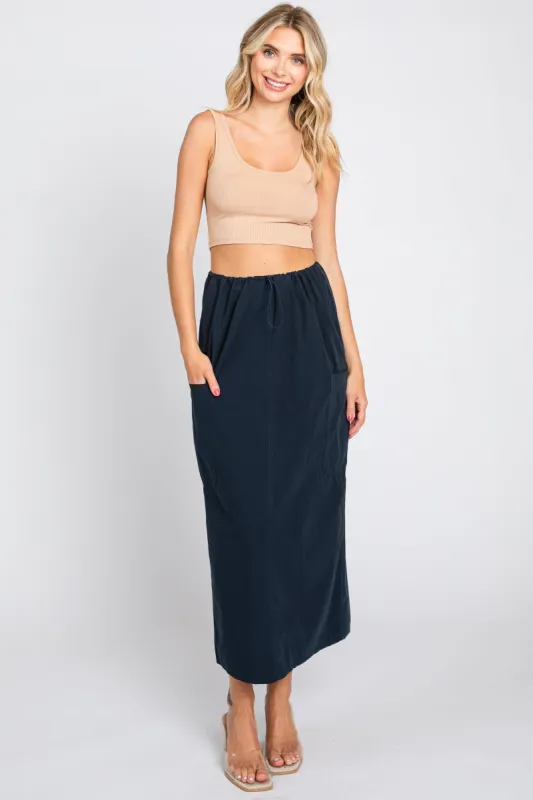 Navy Blue Drawstring Pocket Maxi Skirt sold by Pinkblush