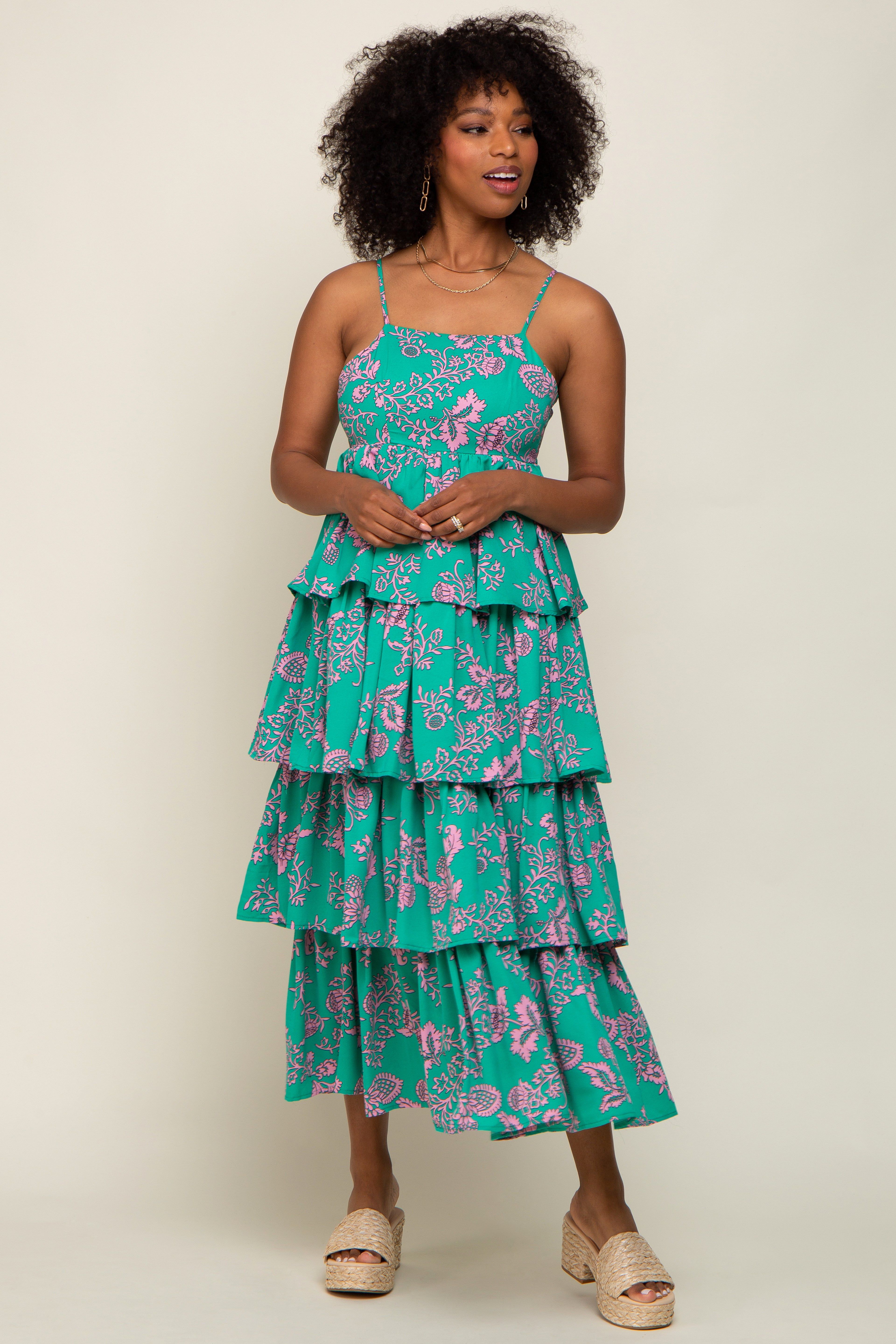 Green Floral Ruffle Tiered Maxi Dress sold by Pinkblush product image thumbnail 4