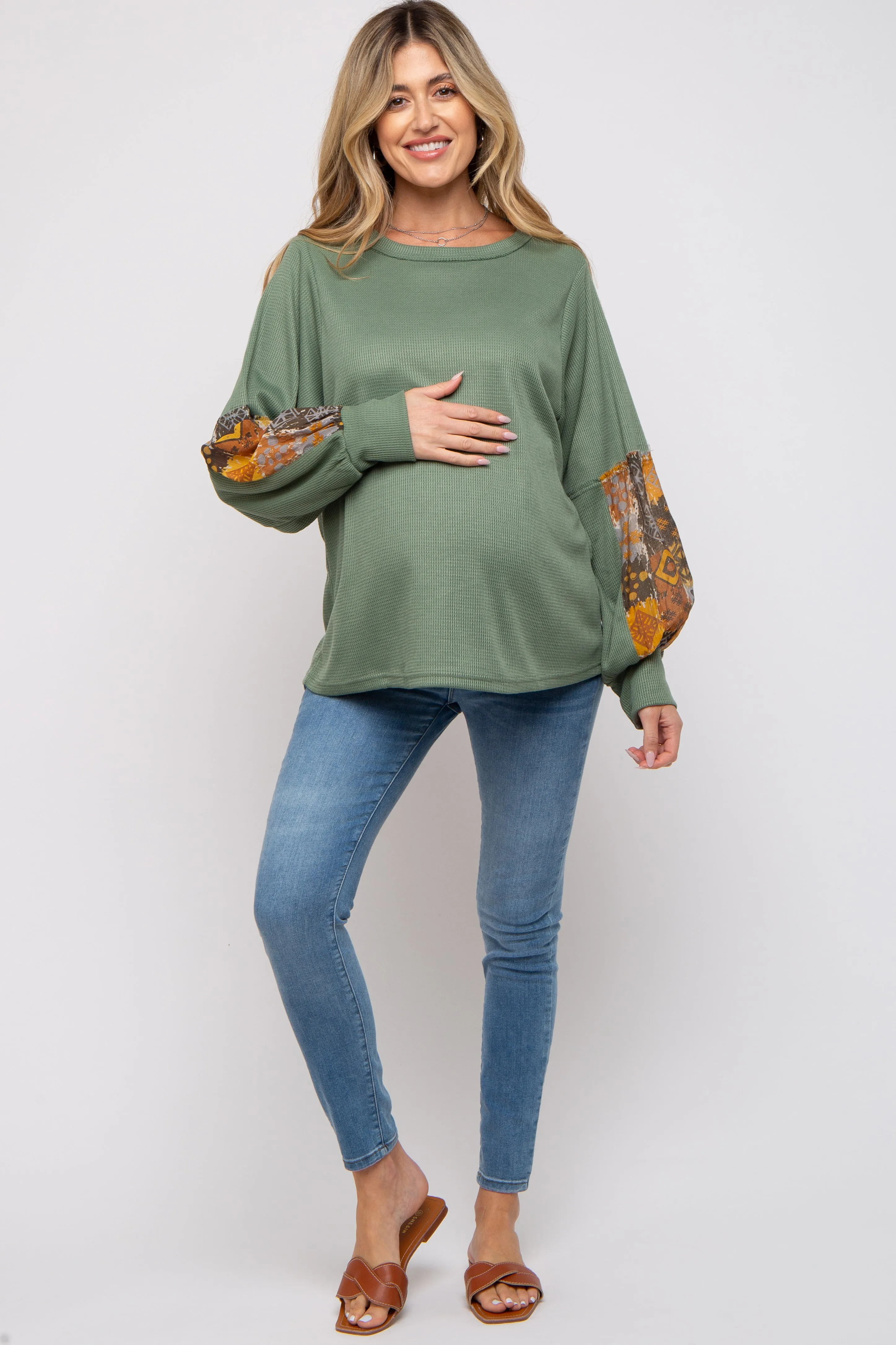 Olive Waffle Knit Contrast Sleeve Maternity Top sold by Pinkblush product image thumbnail 4