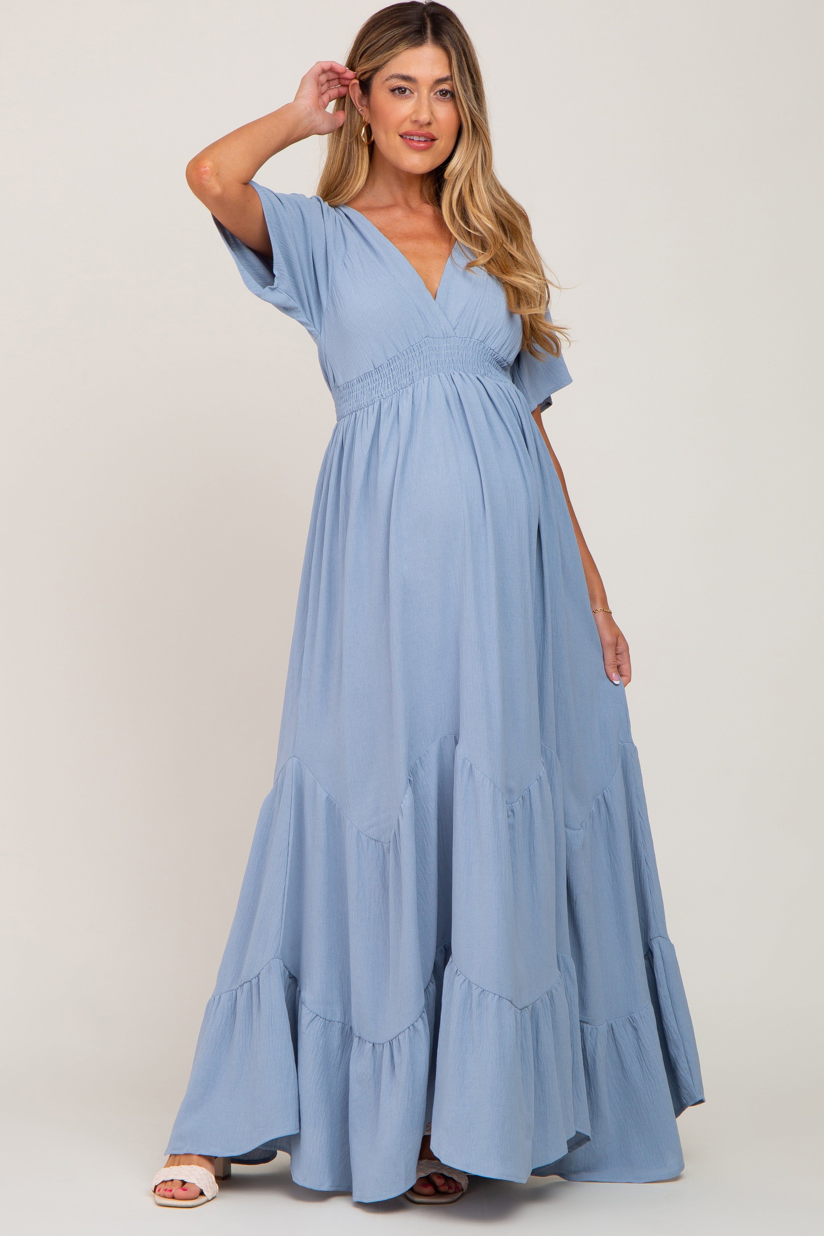 Light Blue Deep V-Neck Maternity Maxi Dress sold by Pinkblush