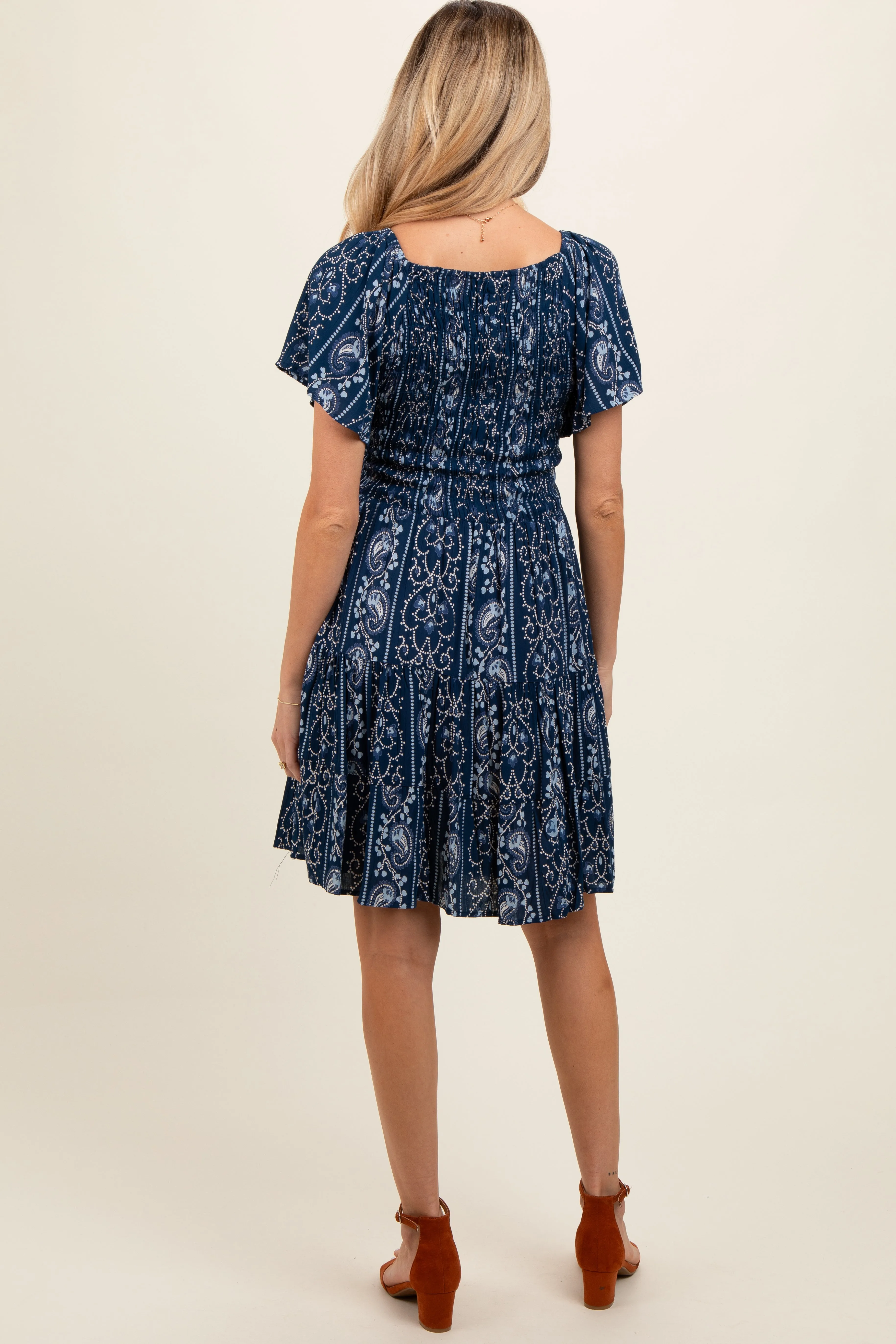 Navy Blue Patterned Smocked Front Maternity Dress sold by Pinkblush product image thumbnail 5
