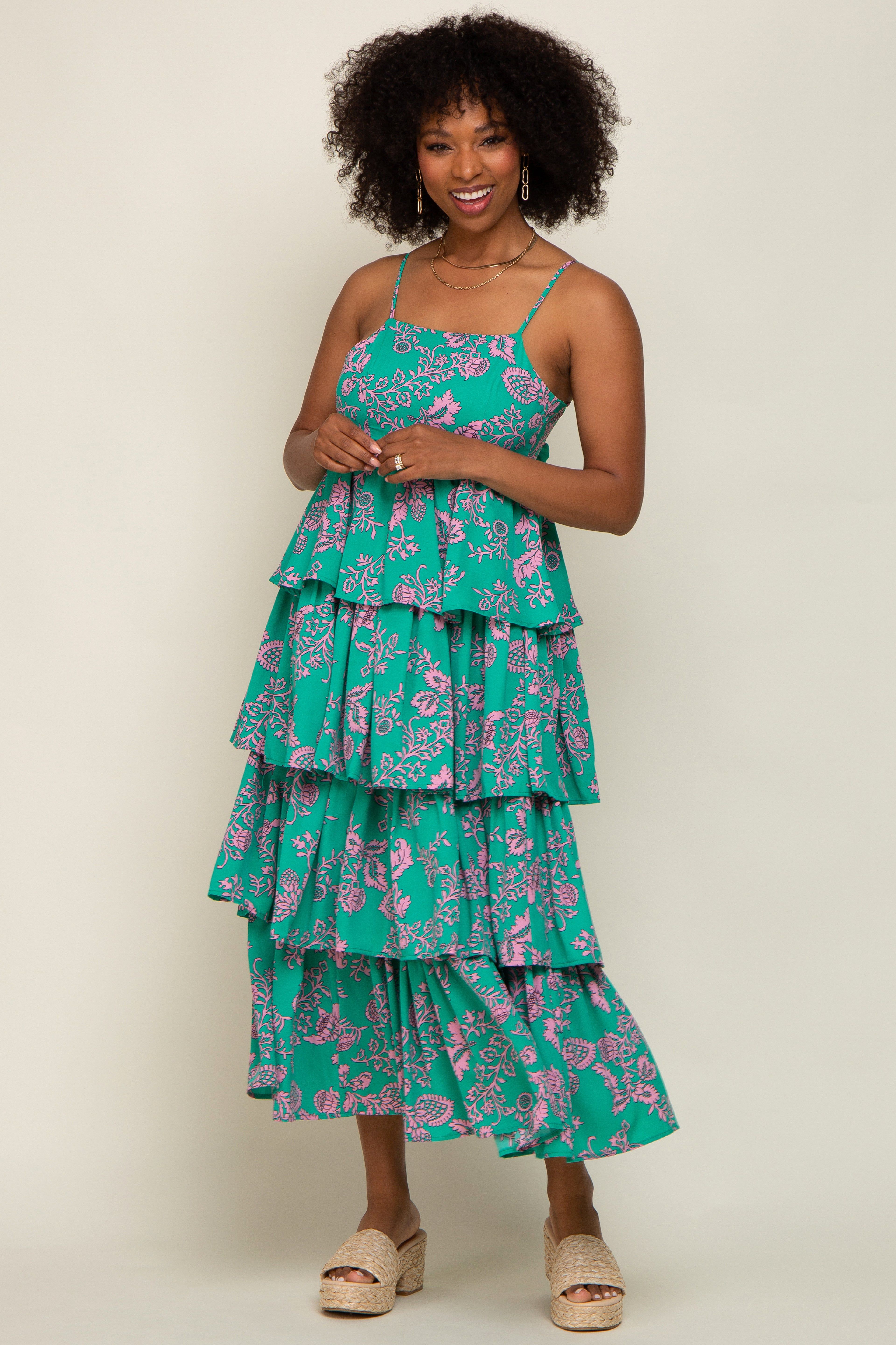 Green Floral Ruffle Tiered Maxi Dress sold by Pinkblush product image thumbnail 5
