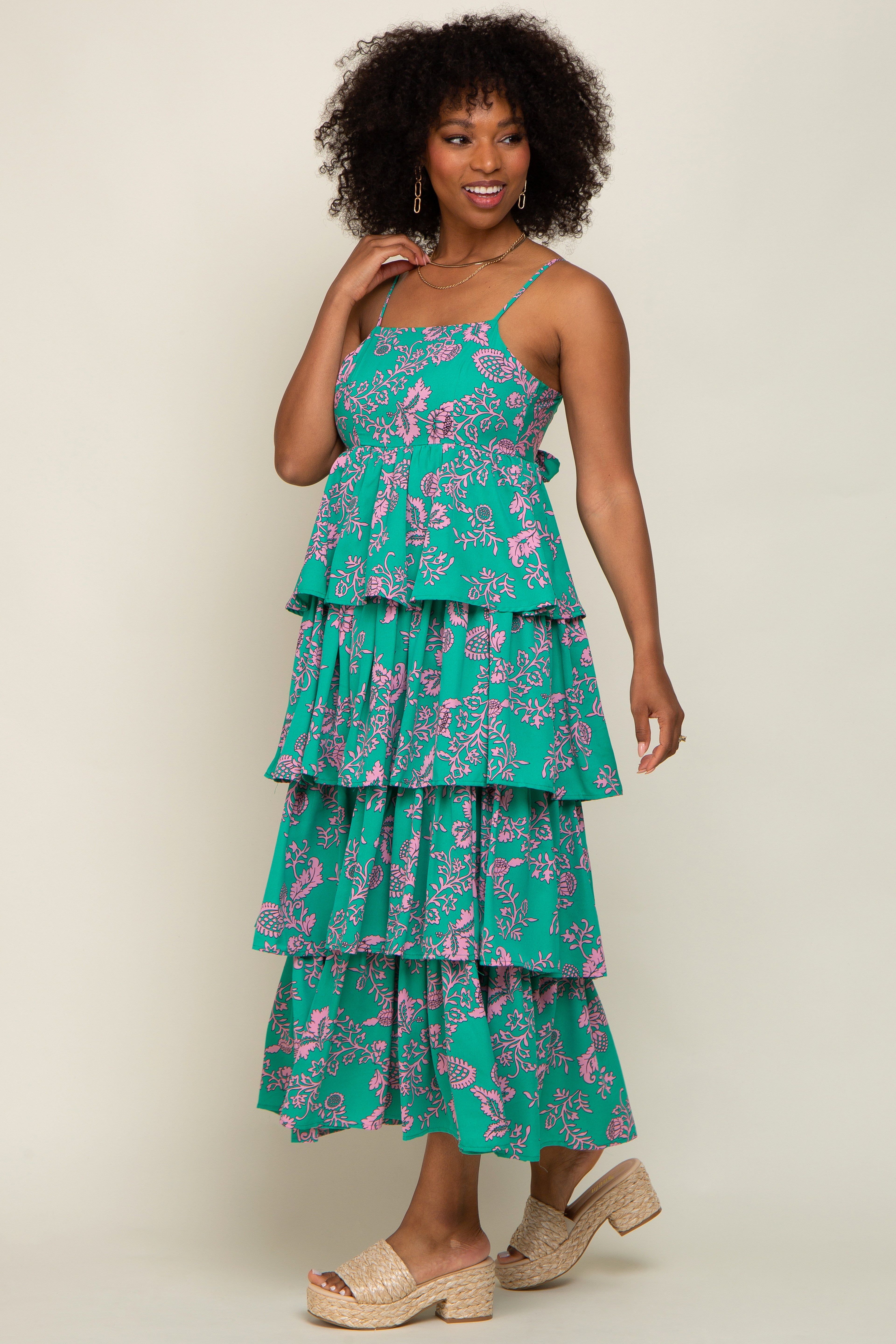 Green Floral Ruffle Tiered Maxi Dress sold by Pinkblush product image thumbnail 2
