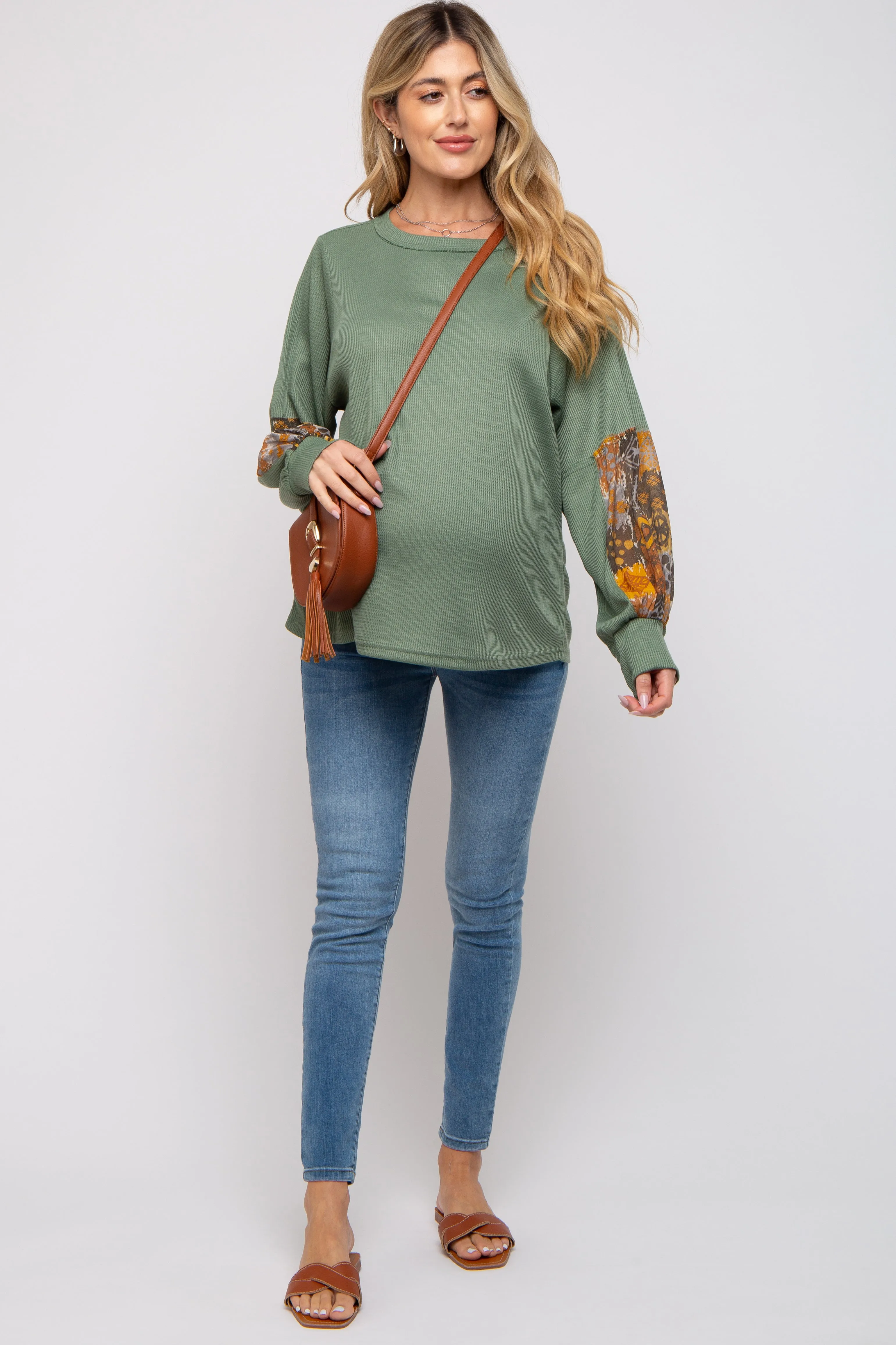 Olive Waffle Knit Contrast Sleeve Maternity Top sold by Pinkblush product image thumbnail 5