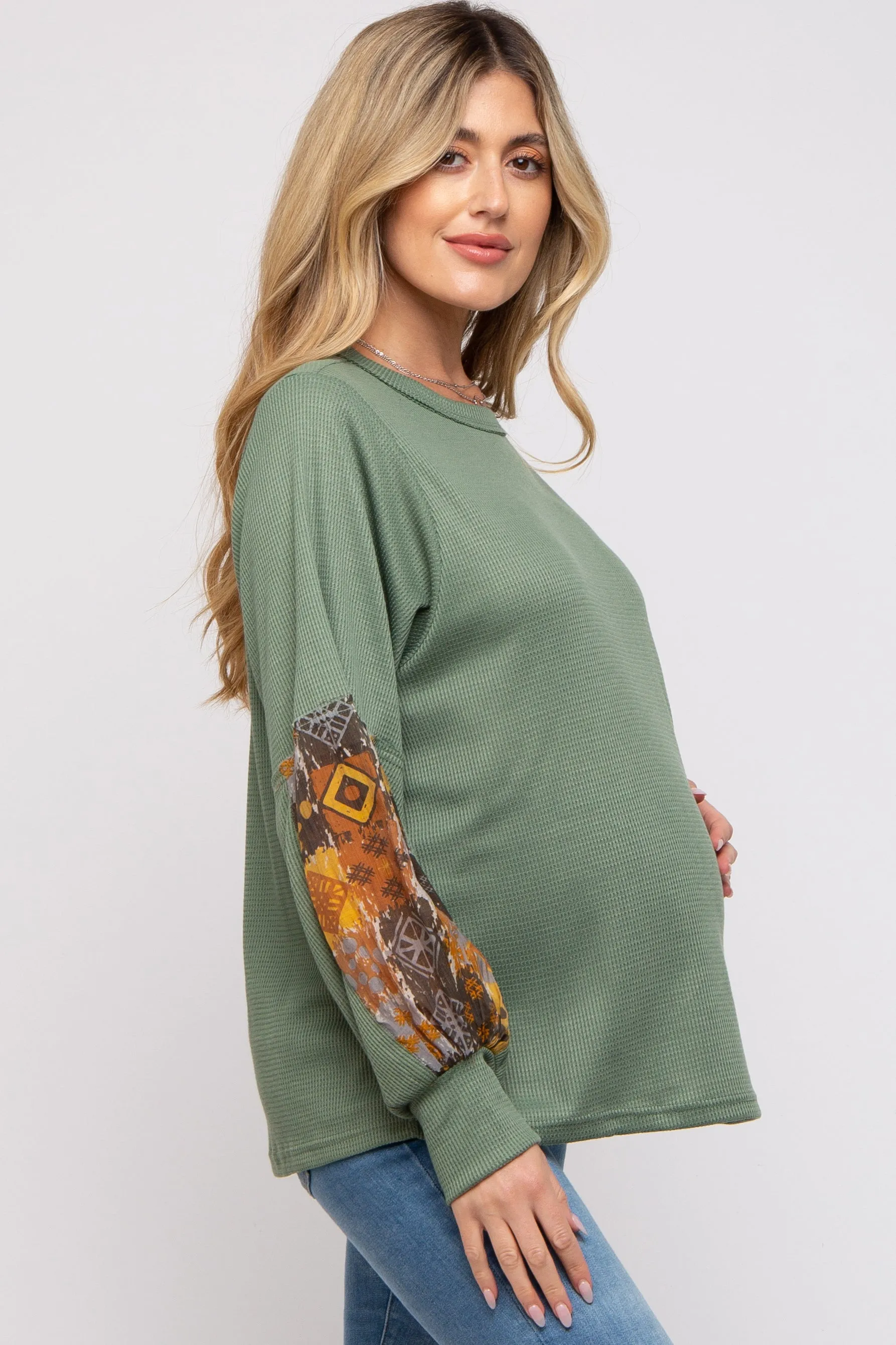 Olive Waffle Knit Contrast Sleeve Maternity Top sold by Pinkblush product image thumbnail 2