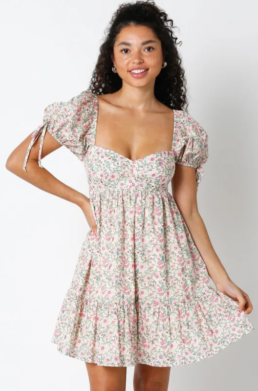Cream Floral Sweetheart Neck Short Puff Sleeve Dress sold by Pinkblush