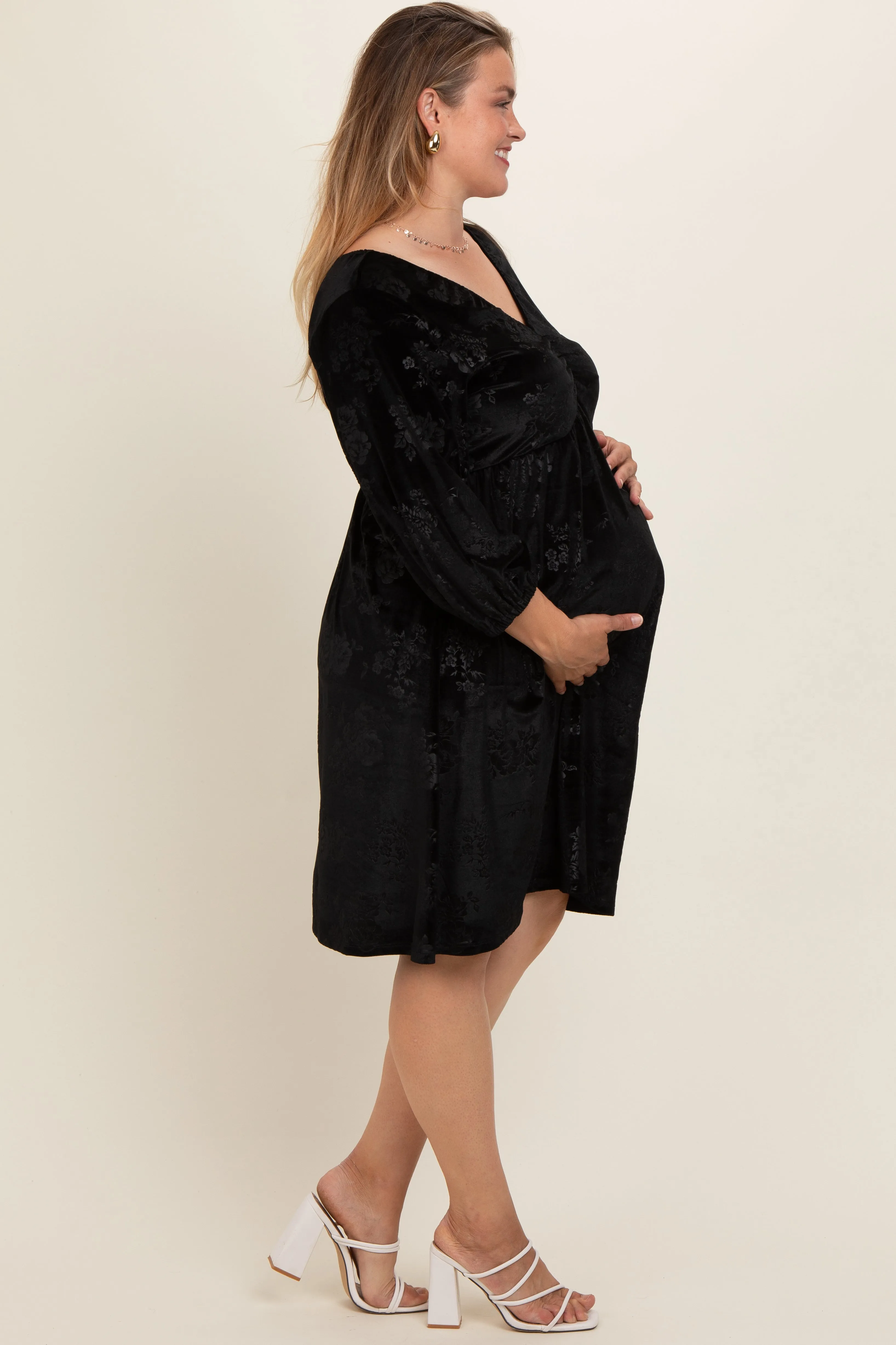 Black Velvet Floral Ruched Neck Plus Maternity Dress sold by Pinkblush product image thumbnail 2