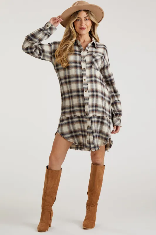 Taupe Plaid Button Down Raw Hem Maternity Dress sold by Pinkblush