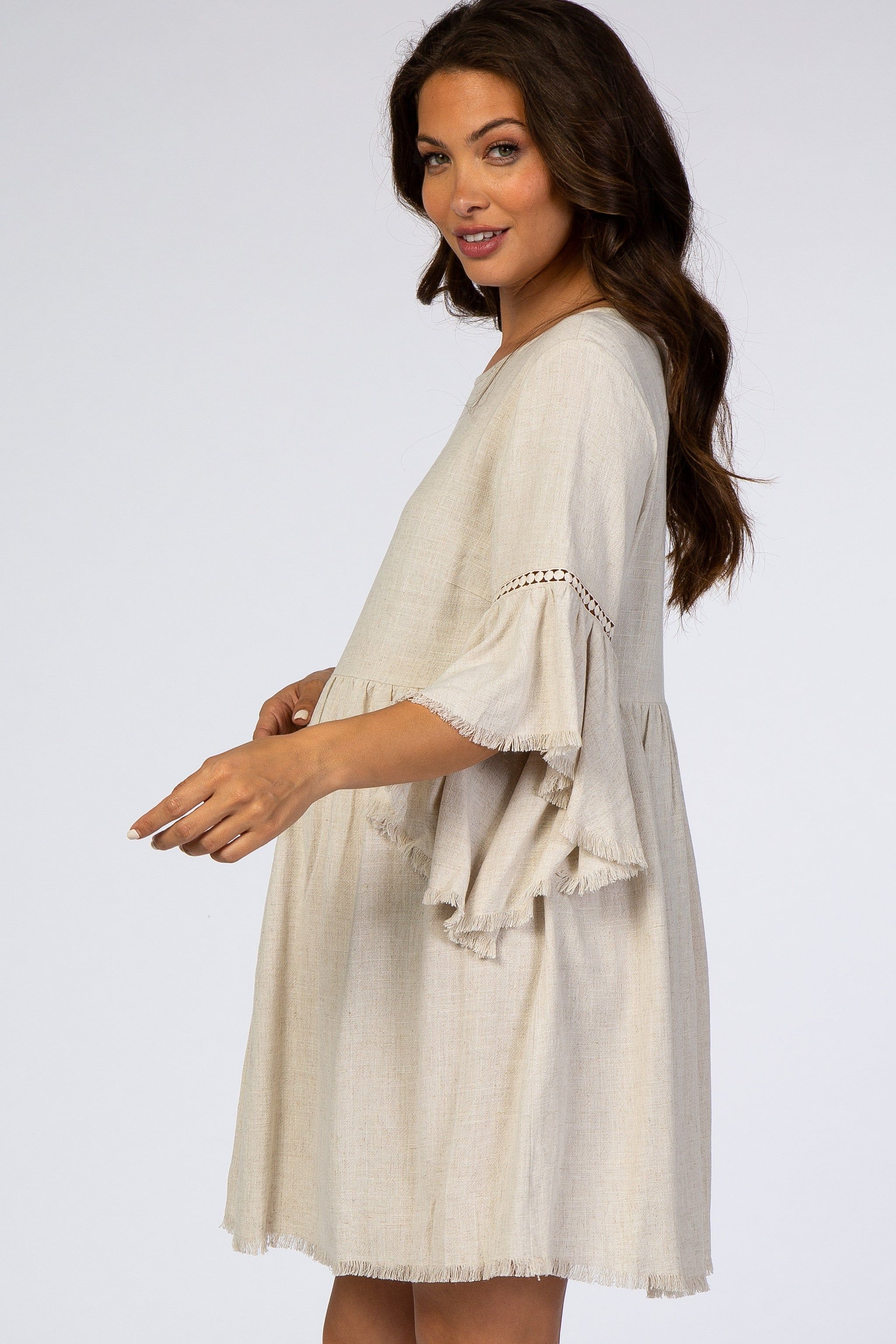 Beige Raw Edge Bell Sleeve Babydoll Maternity Dress sold by Pinkblush product image thumbnail 3