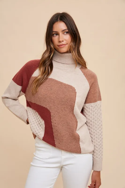 Mocha Combo Turtleneck Multi Pattern Mixed Sweater Top sold by Pinkblush