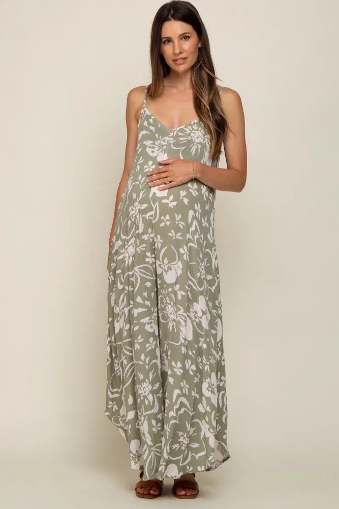 Light Olive Tropical Floral V-Neck Round Hem Maternity Midi Dress sold by Pinkblush product image thumbnail 4