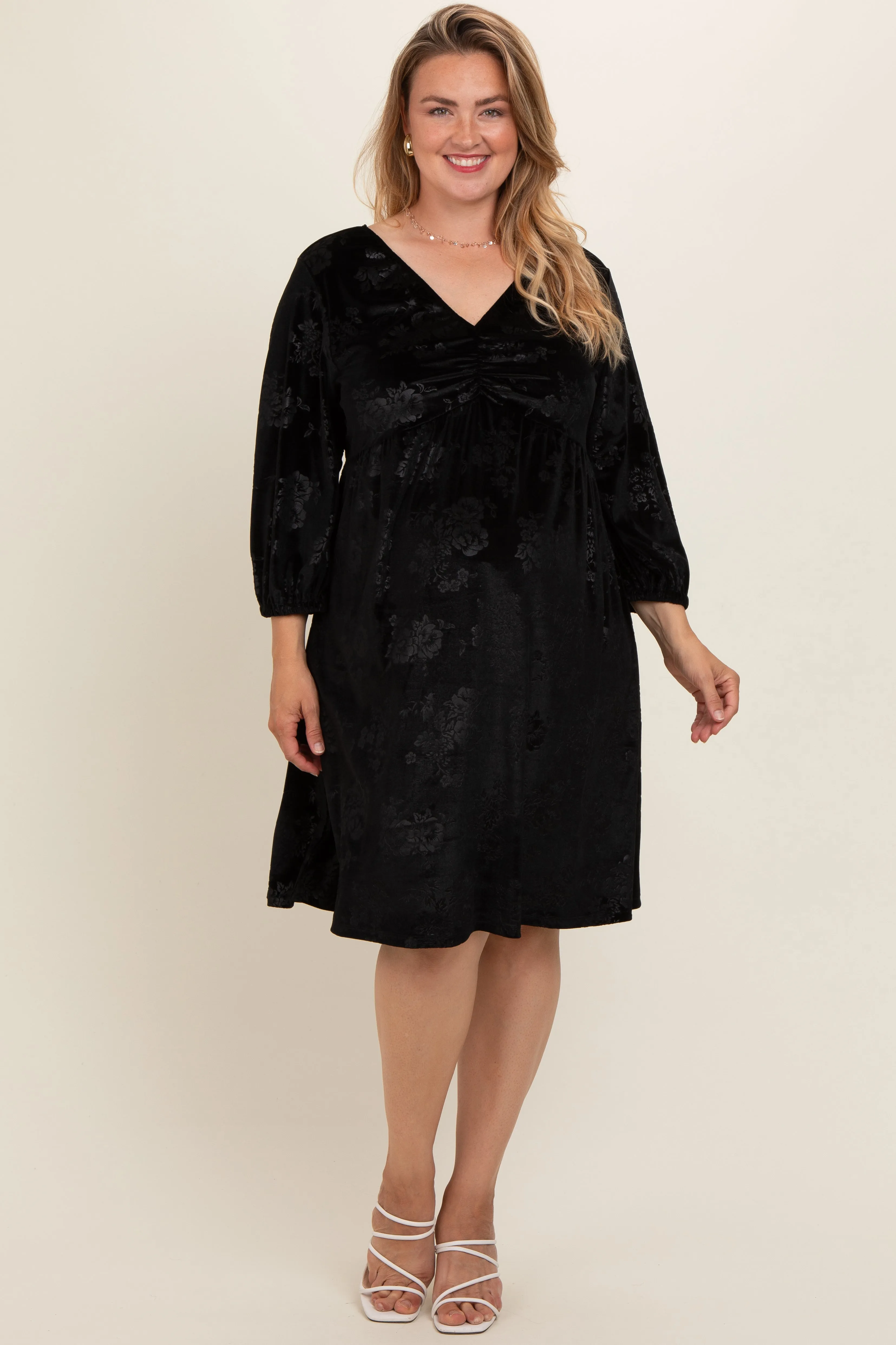 Black Velvet Floral Ruched Neck Plus Maternity Dress sold by Pinkblush