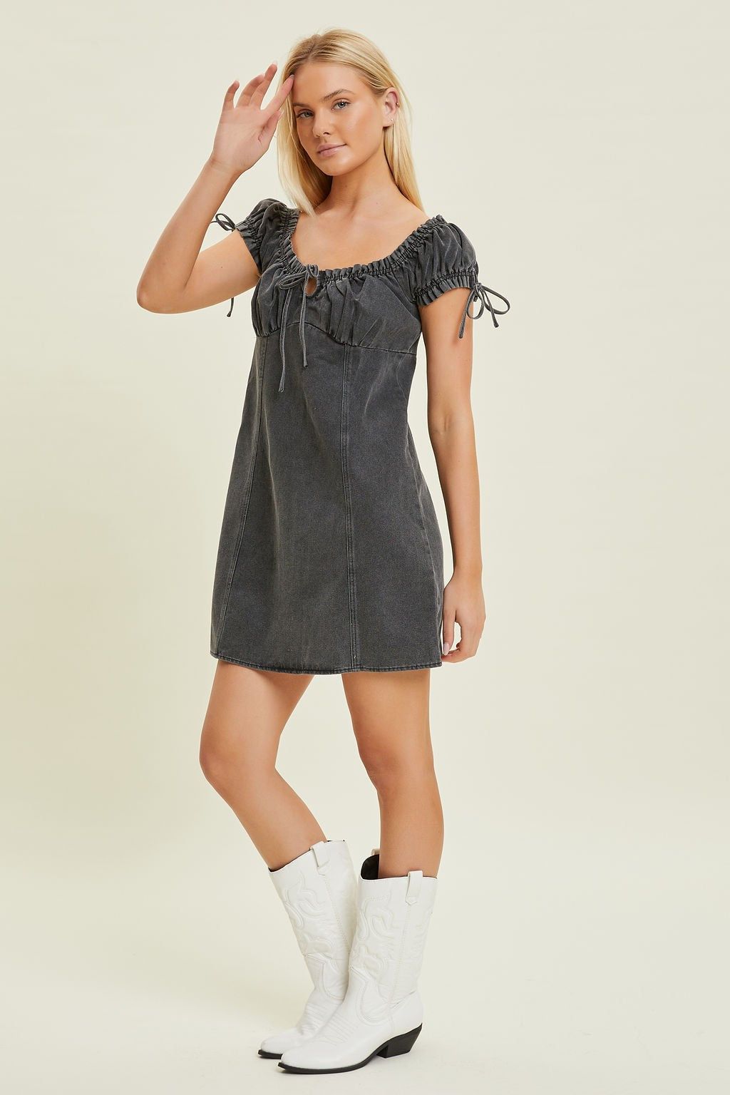 Black Tie Hole Front Babydoll Denim Dress sold by Pinkblush product image thumbnail 2