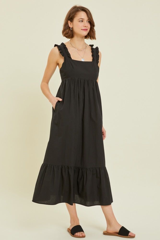 Black Ruffle Accent Back Tie Midi Dress sold by Pinkblush
